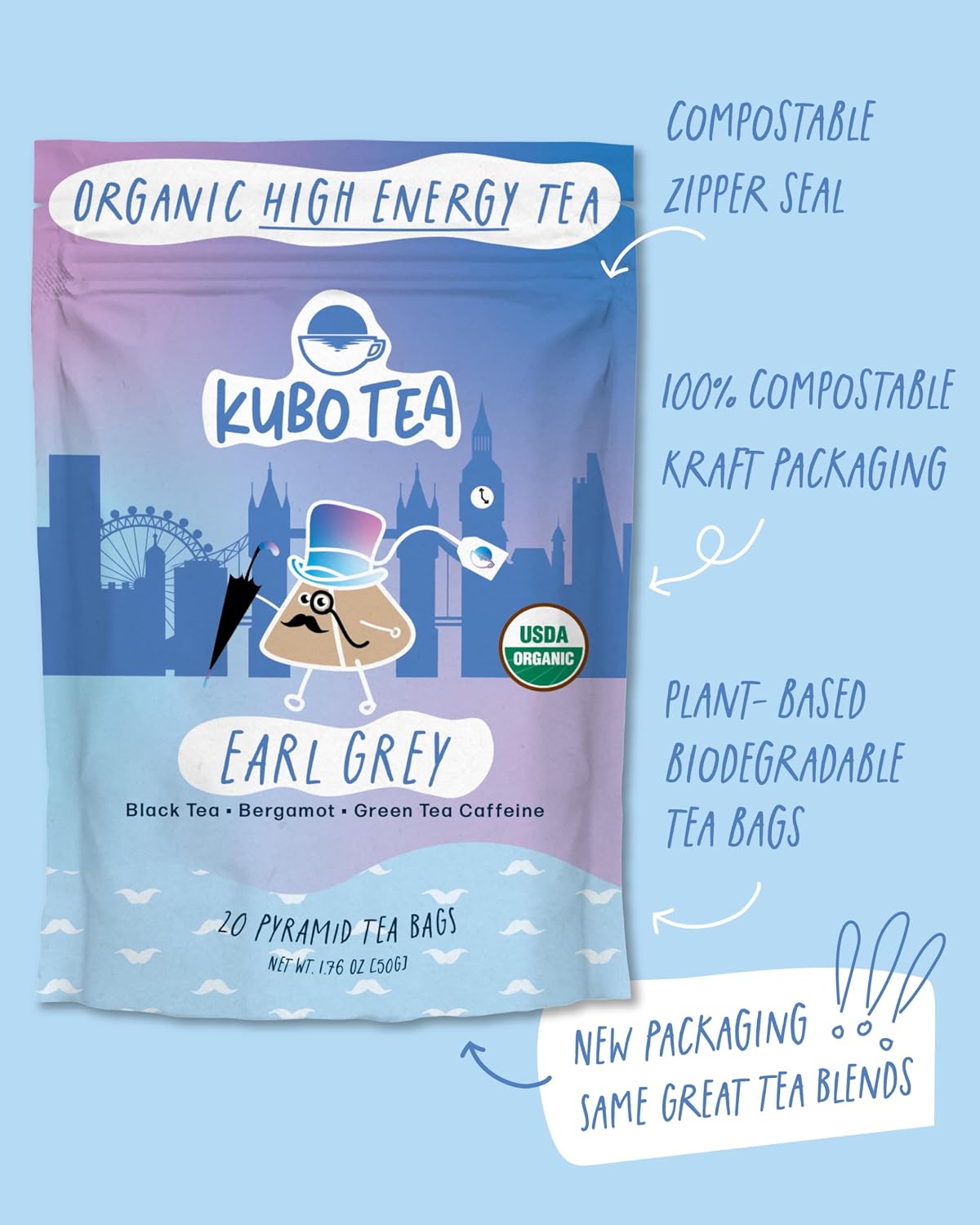 Kubo Energize Yerba Mate Tea, Organic High Caffeine Energy Tea Bags - 20 Ct