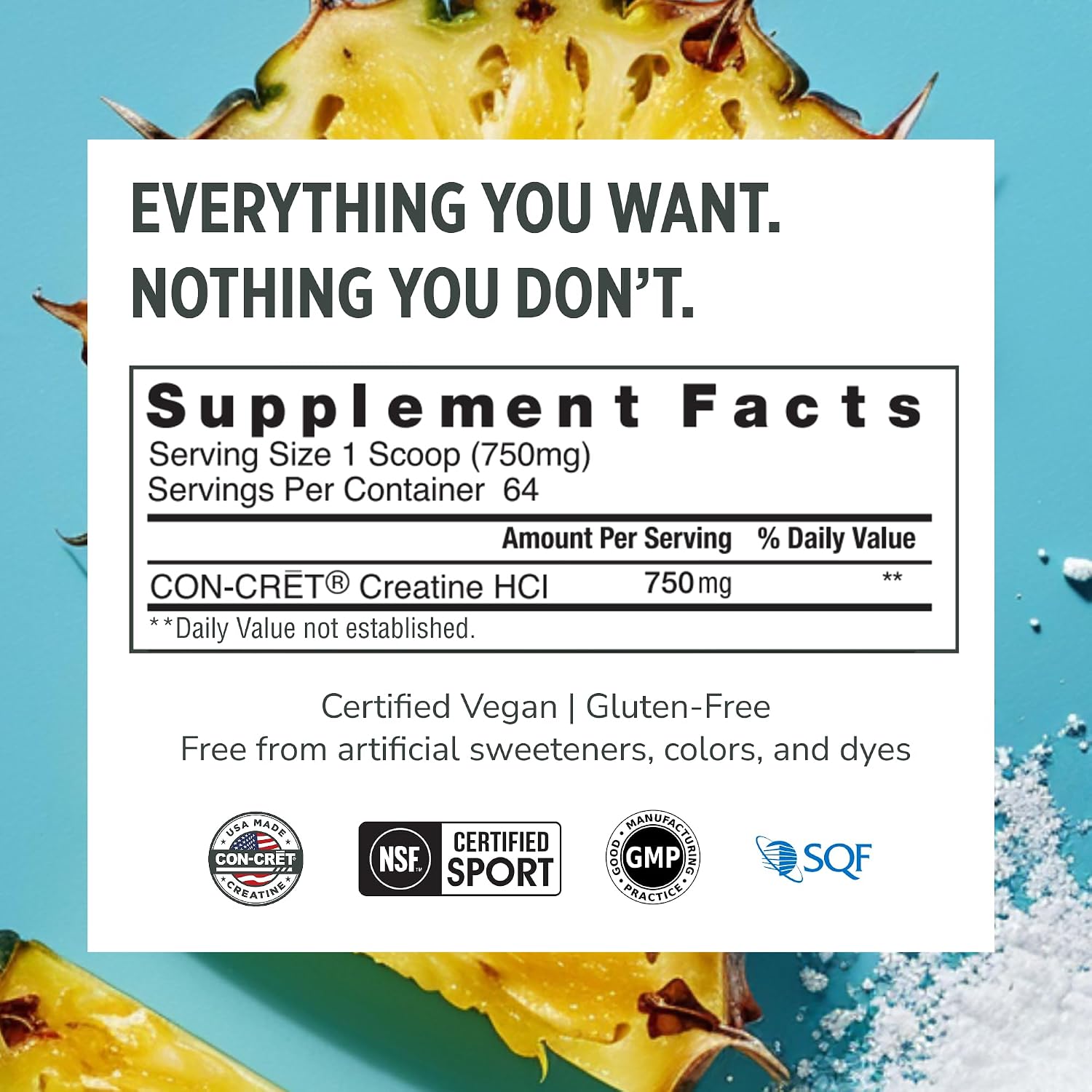 CON-CRET Creatine HCl Powder for Women and Men, Unflavored, 64 Servings | No Bloating or Water Retention, Muscle, Strength & Cognitive Support, USA Made, NSF Certified