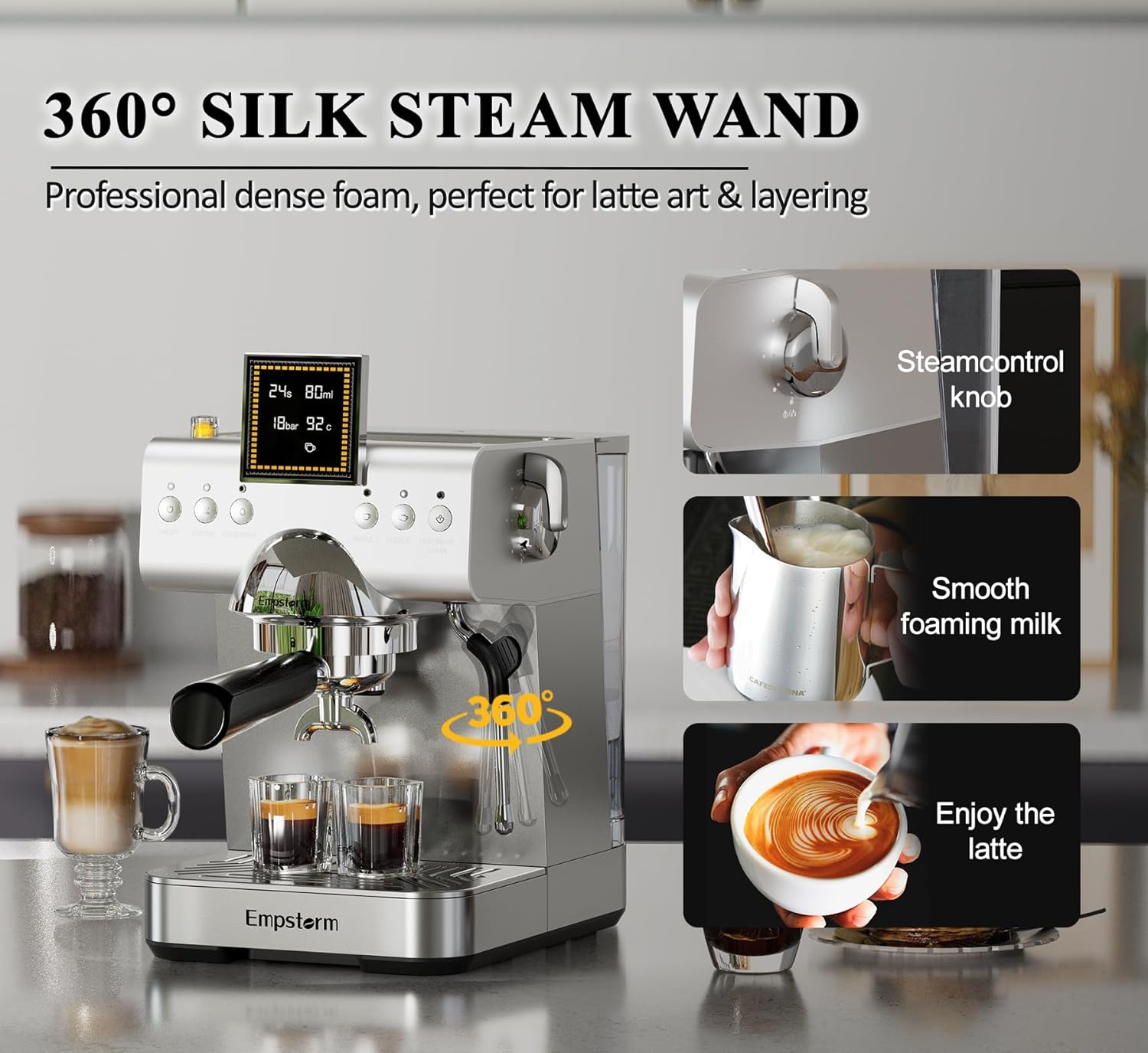 Empstorm CB2 20 Bar Espresso Machine with Milk Frother Steam 1350W Silver | LED Display Compact Espresso maker Cold Brew& Hot Coffee Maker