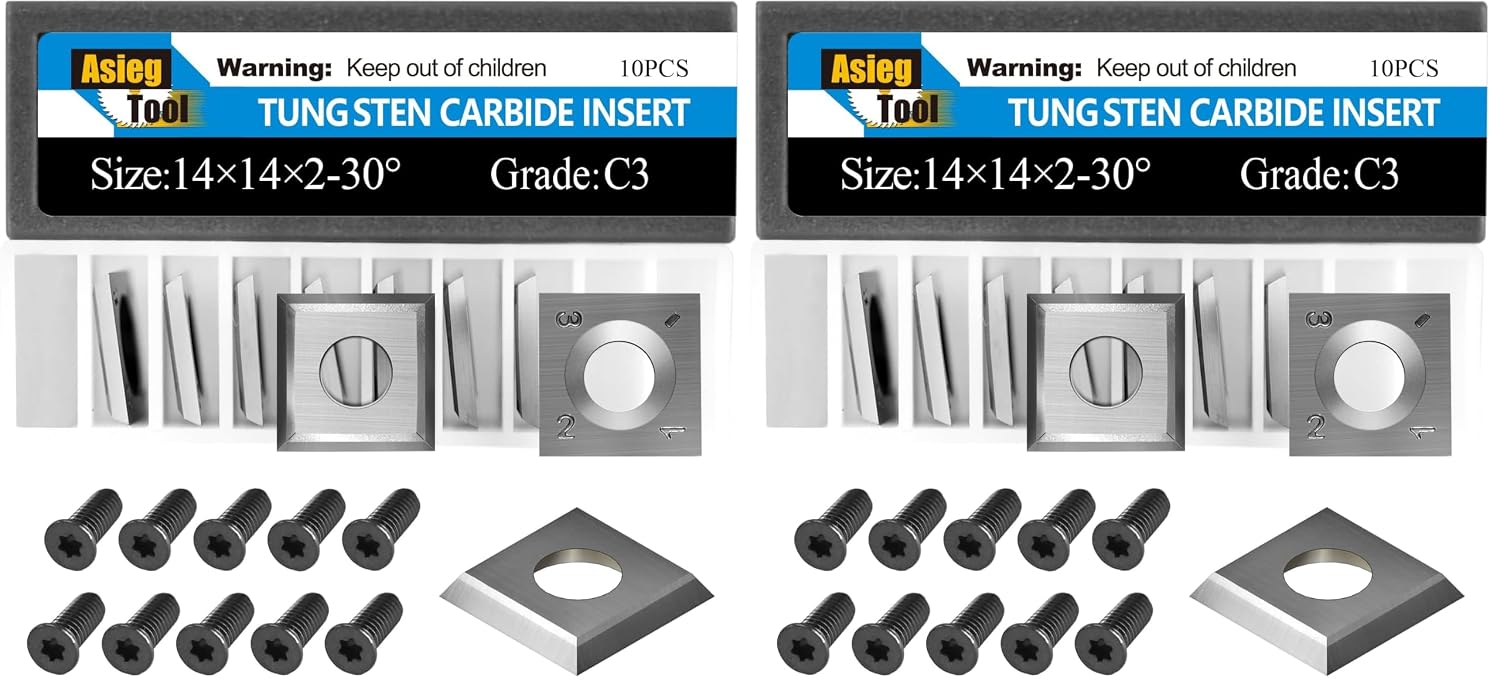 Asieg Tool 14 x 14 x 2mm-30° Carbide Inserts Cutters Knives Blades with Screws for Grizzly T21348 and Woodworking Spiral Helical Planer Head 10pcs