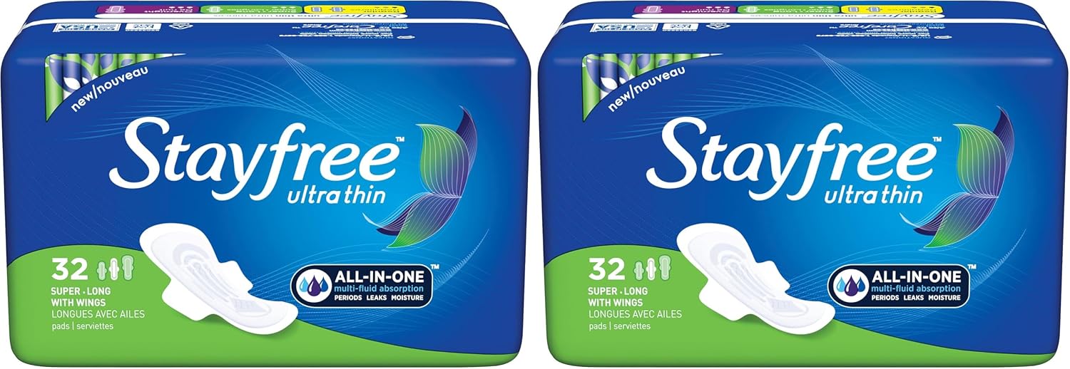Stayfree Ultra Thin Super Long Pads with Wings For Women, Reliable Protection and Absorbency of Feminine Moisture, Leaks and Periods, 32 count