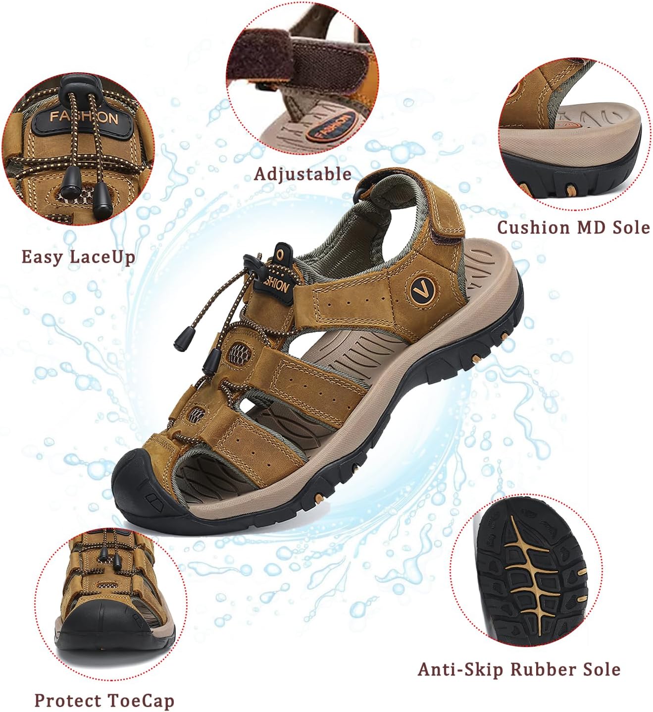FLARUT Men's Sport Sandals Closed Toe Leather Water Hiking Shoes