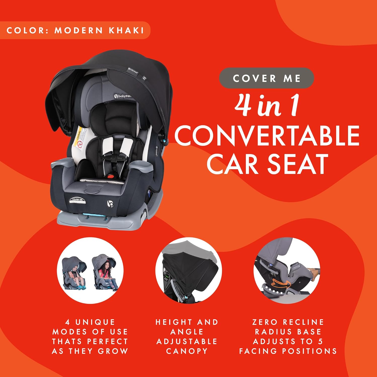 Baby Trend Cover Me™ 4-in-1 Convertible Car Seat, Vespa – Built-in Canopy, 4-Stage Growth System, Plush Comfort Padding, Multi-Position Recline