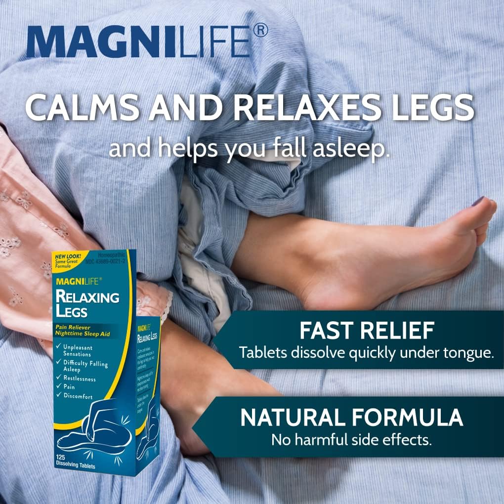 MagniLife Relaxing Legs Sublingual Tablets, 125 Count, Quick-Dissolving Homeopathic Pain Reliever & Nighttime Sleep Aid, Helps Calm Restless Legs, Discomfort & Sleepless Tossing