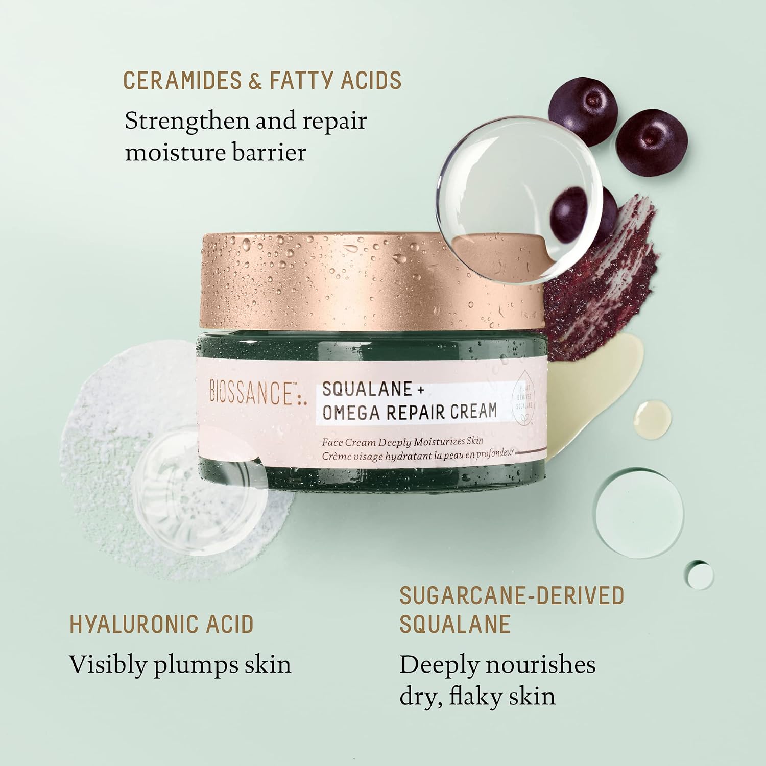 BIOSSANCE Squalane + Omega Repair Cream - Ultra-Moisturizing Face Cream - Skin Care with Hyaluronic Acid, Ceramides, Squalane - Ideal for Dry & Sensitive Skin, Intense Hydration Moisturizer