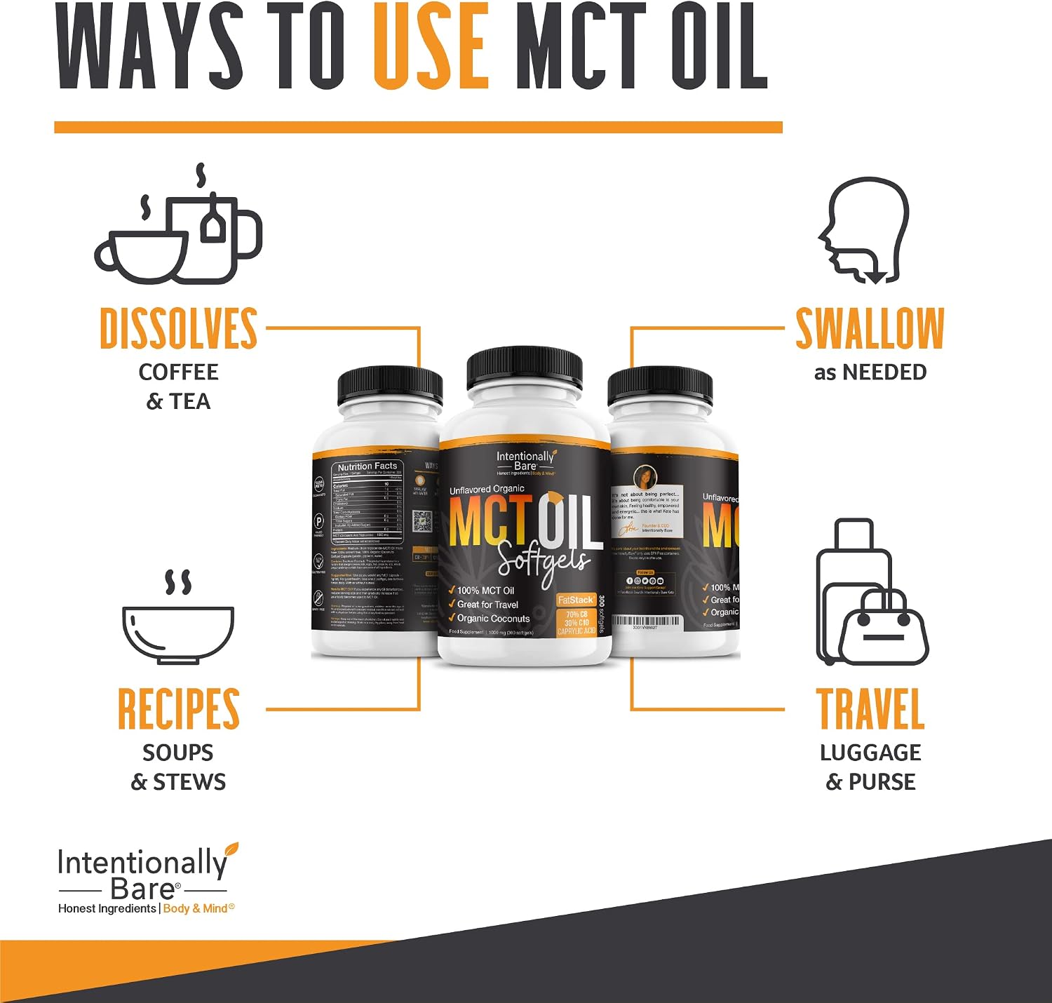Intentionally Bare Organic MCT Oil Capsules - C8 & C10 Soft gels- 300 ct | Organic C8/C10 MCT oil pills, from 100% pure coconuts
