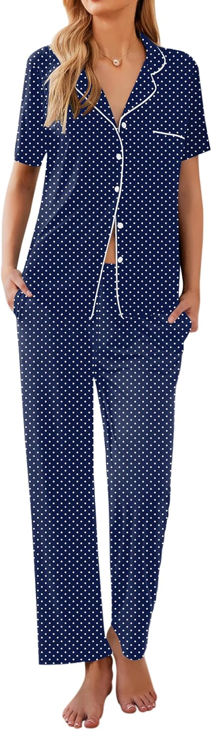 Ekouaer Womens Pajamas Set Short Sleeve Button Down Top & Pants Lounge Pjs