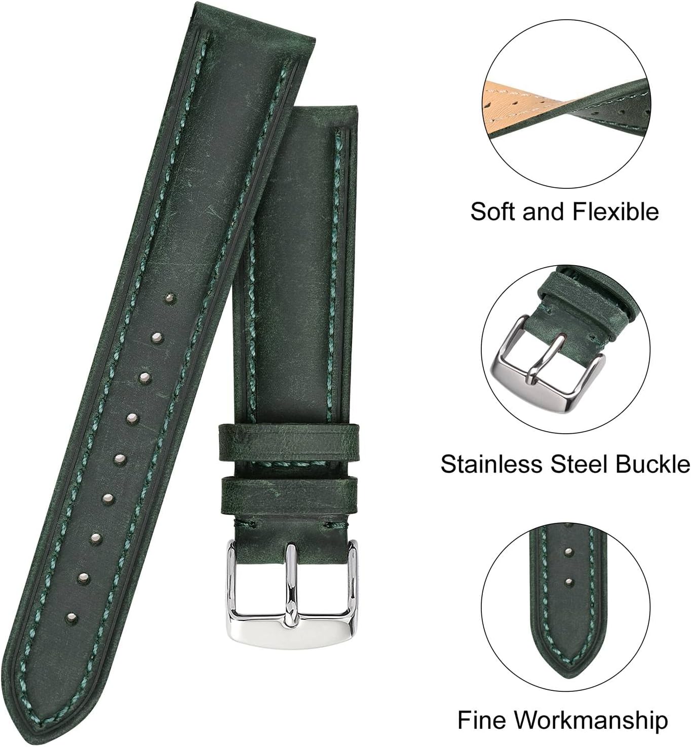BISONSTRAP Watch Strap, Vintage Leather Replacement Bracelet, Band Width-14mm 15mm 16mm 17mm 18mm 19mm 20mm 21mm 22mm 23mm 24mm