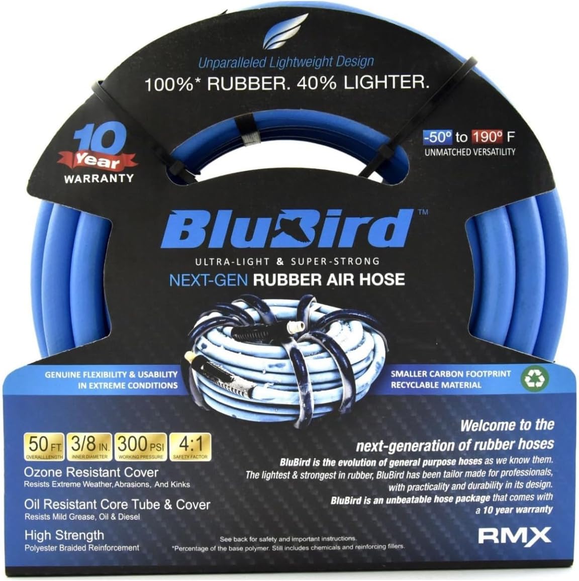 BLUBIRD BB3850 3/8" x 50' Rubber Air Hose, 100% Rubber, Lightest, Strongest, Most Flexible, 300 PSI, 50F to 190F Degrees, Ozone Resistant, High Strength Polyester Braided | High-Performance Pneumatic Hose for Automotive Construction & Industrial, Durable…