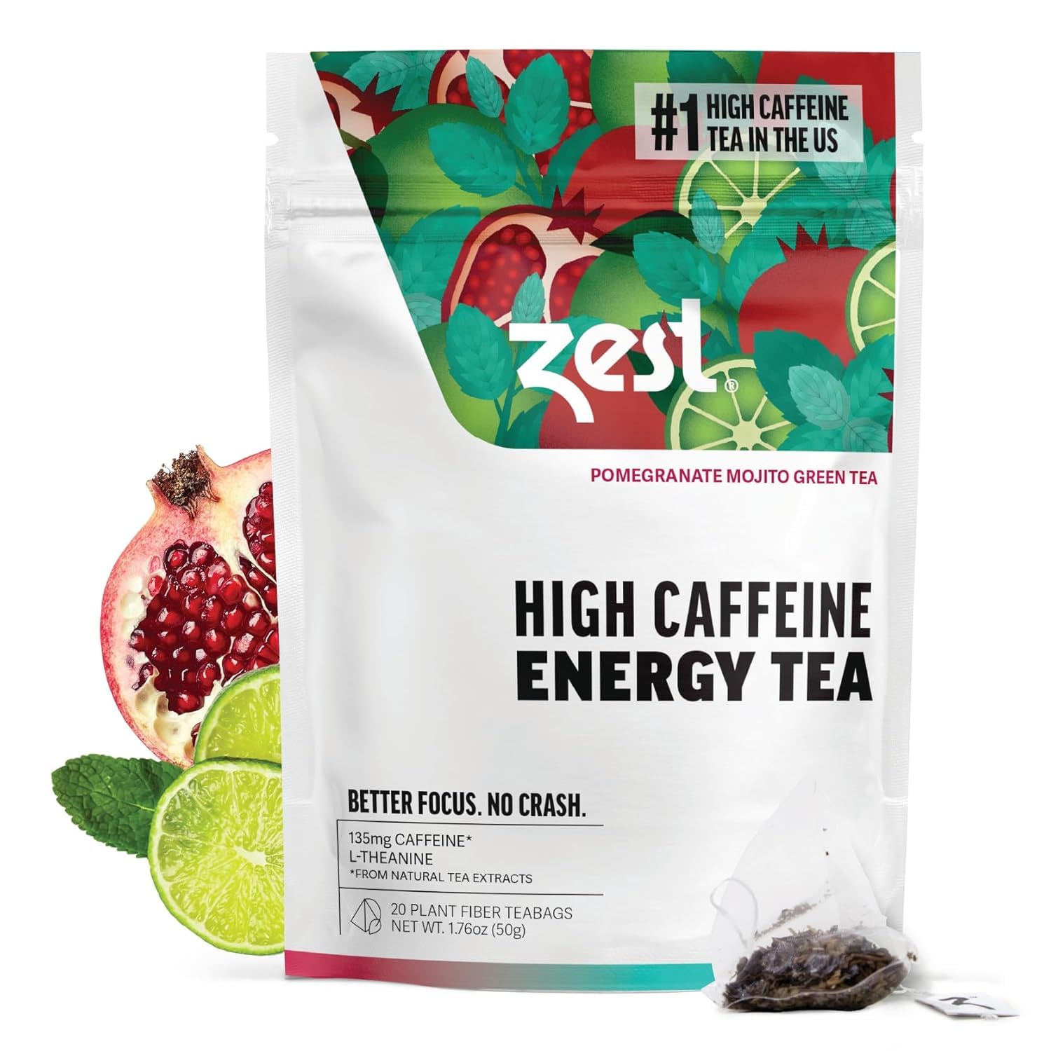 Zest Energy Green Tea – Pomegranate Mojito High Caffeine Tea Bags for Focus & Morning Energy – Natural Caffeinated Tea with 135mg Caffeine – Coffee Substitute – 20Ct Pack, Non-GMO & Keto Friendly