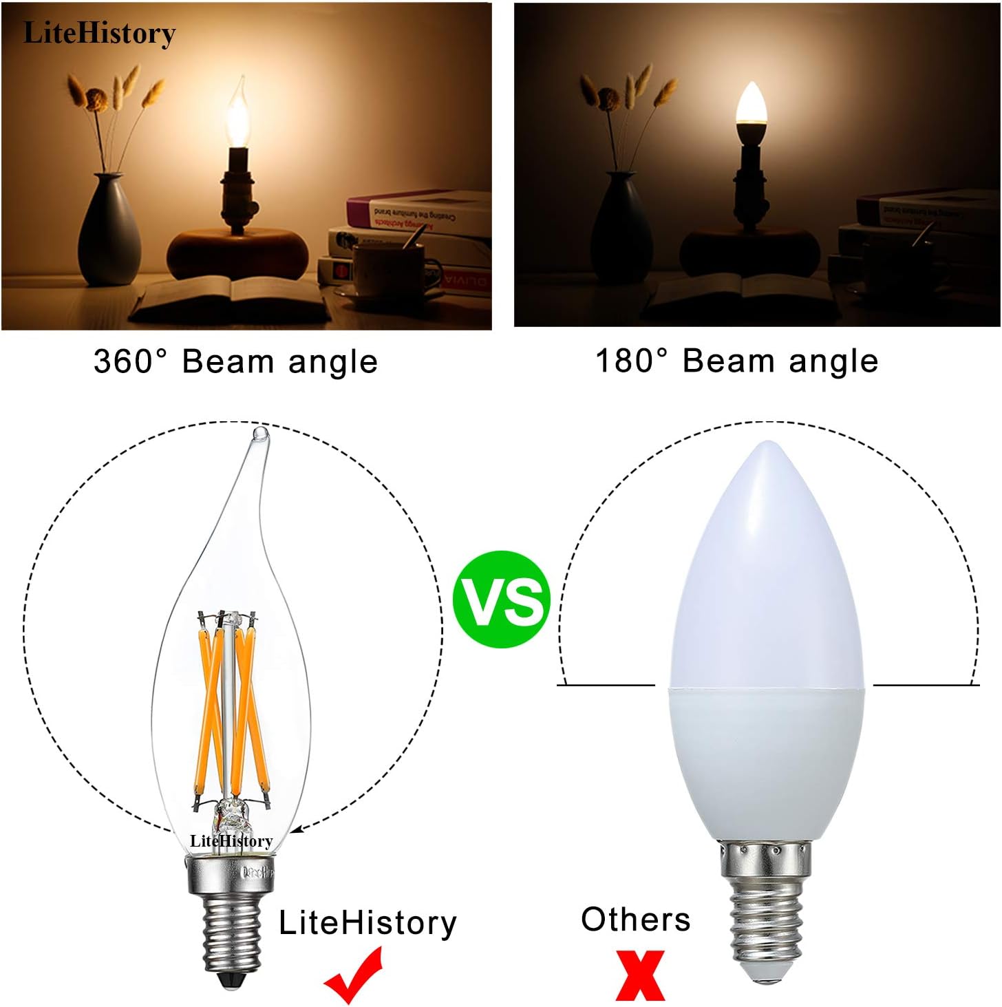 LiteHistory CA10 E12 Candelabra Bulb 40 watt,Amber Light Bulbs,2200K,6Pack | 4w=40 watt Light Bulbs,E12 Bulb,250lm,AC120V,ETL,Candelabra Light Bulbs for Chandelier Light Bulbs,Pendant,Candle Light Bulbs
