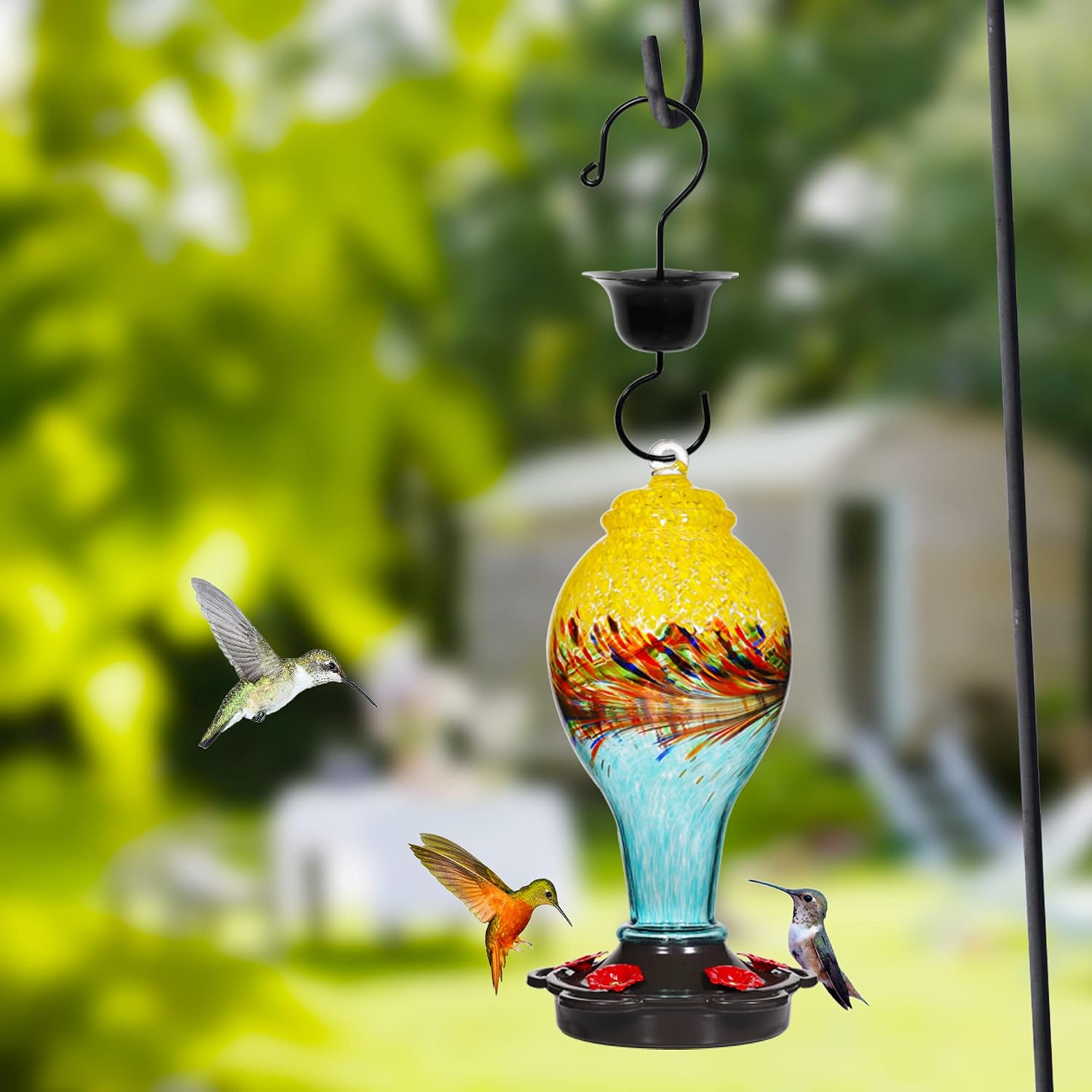 LUJII Hummingbird Feeder, Hand Blown Glass Hummingbird Feeder, Never Fade, 36 Fluid Ounces, 5 Feeding Metal Stations, Much Bigger, Garden Backyard Decorative, Containing Ant Moat (Blue)