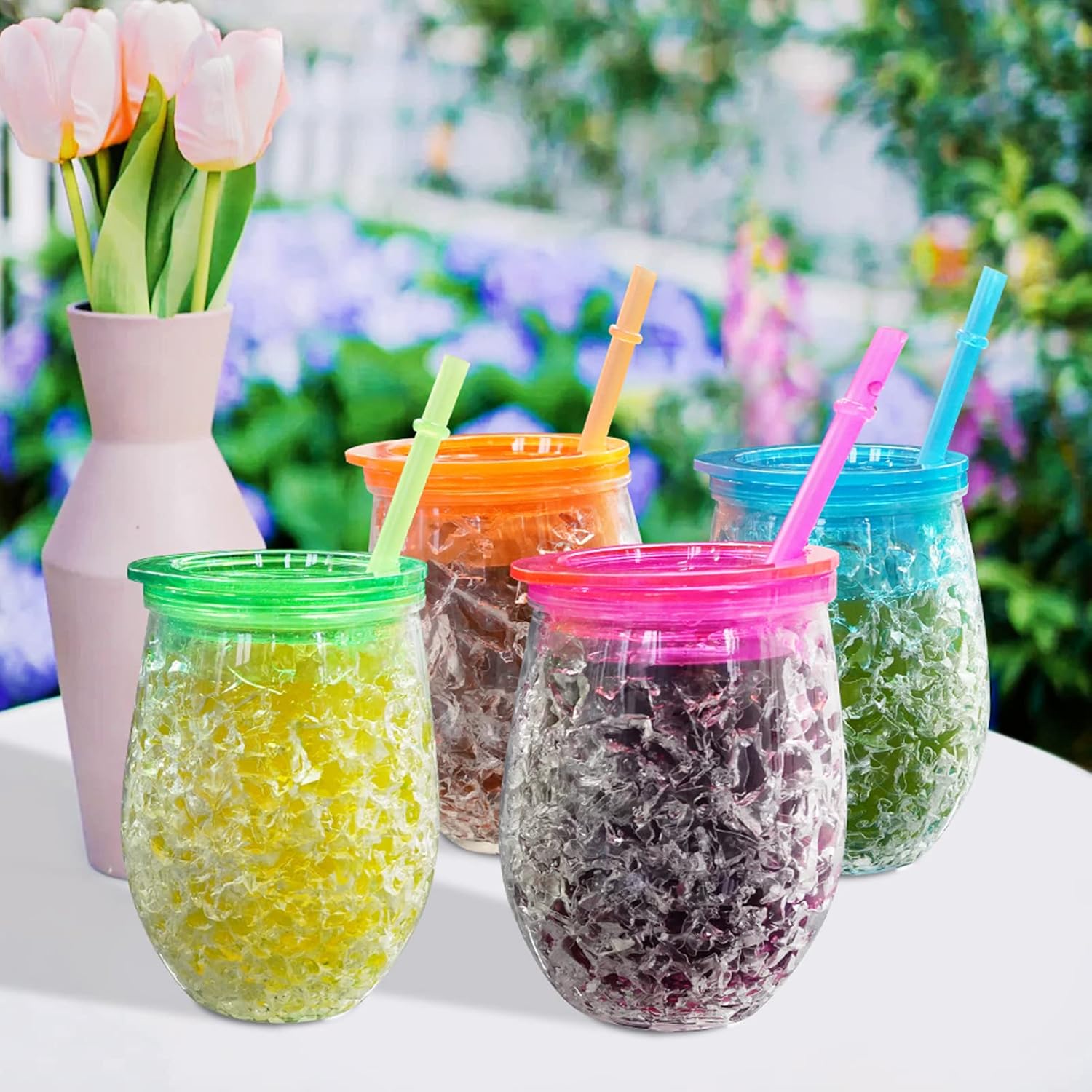 Cute Shape Frosty Freezer Ice Mugs with Straw Clear 11.8oz Set of 4(Red, green, blue and orange) (Oval)