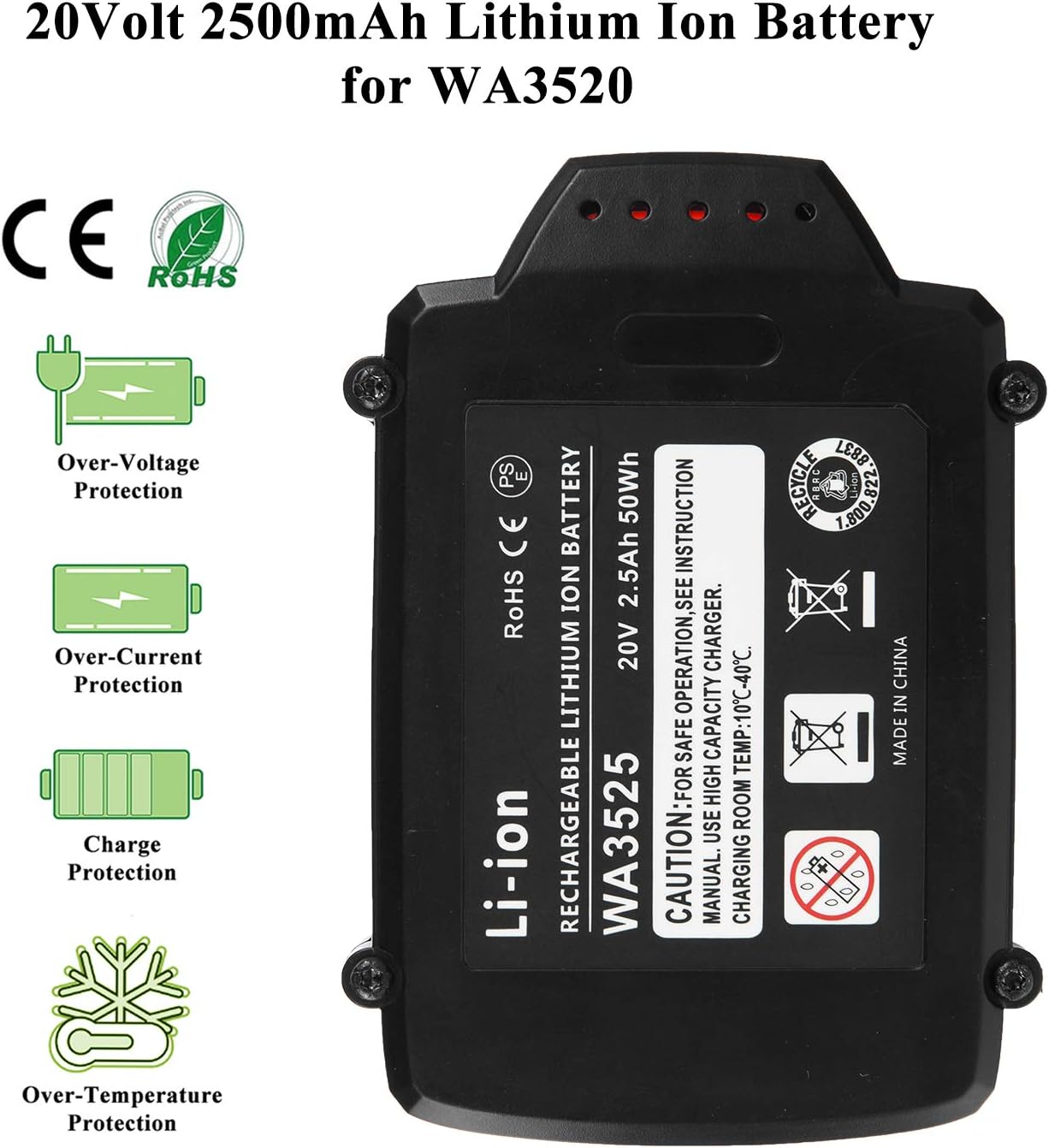 Replacement 20V Battery and Charger Starter Kit, WA3525 Lithium Battery and Charger WA3732 Compatible with Worx 20-Volt Cordless Power Tools
