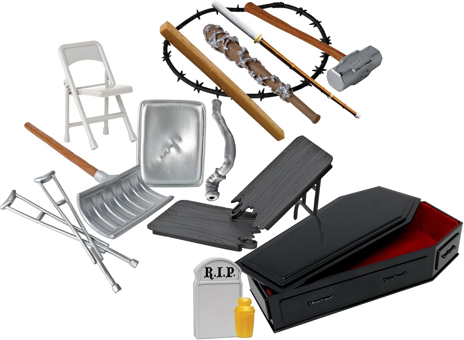 Hardcore Coffin 15 Piece Accessory Set for Wrestling Action Figures | Create Hardcore Matches with a Coffin, Breakable Table, Tombstone, Crutches