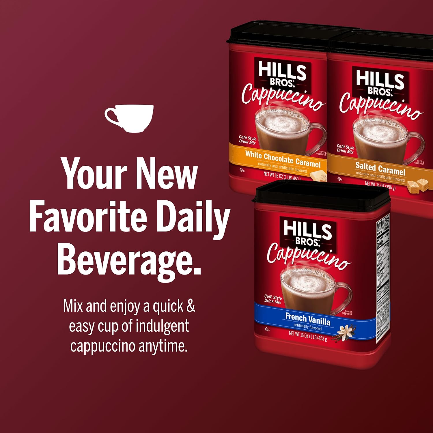 Hills Bros. Cappuccino Mix – Rich, Frothy Coffeehouse-Tasting Instant Drink Mix – Quick and Easy Preparation – Perfect for Hot & Iced Drinks & Creaming Coffee – Double Mocha, 1 Pack of 16oz