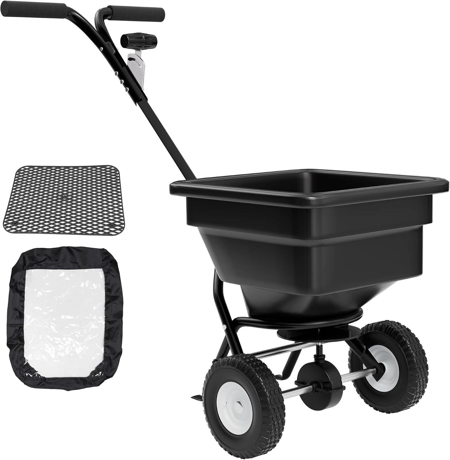 PPOLB Broadcast Spreader for Lawns, 50LB Fertilizer Spreader with 30-Level Flow Control, Walk Behind Lawn Seed & Salt Spreader, 0–10FT Coverage, Hopper Screen, Rain Cover, 12" Pneumatic Wheels