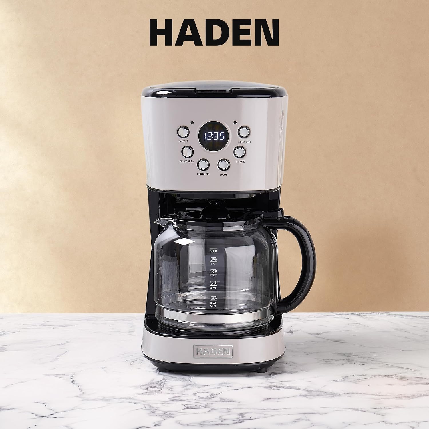 HADEN 12-Cup Programmable Coffee Maker for Home or Office, Putty & Chrome – Drip Brewer Machine with Brew Strength, Delay Brewing