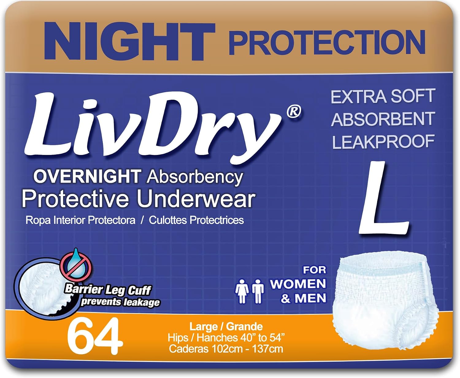 LivDry Adult XL Incontinence Underwear, Overnight Comfort Absorbency, Leak Protection, X-Large, 48-Pack