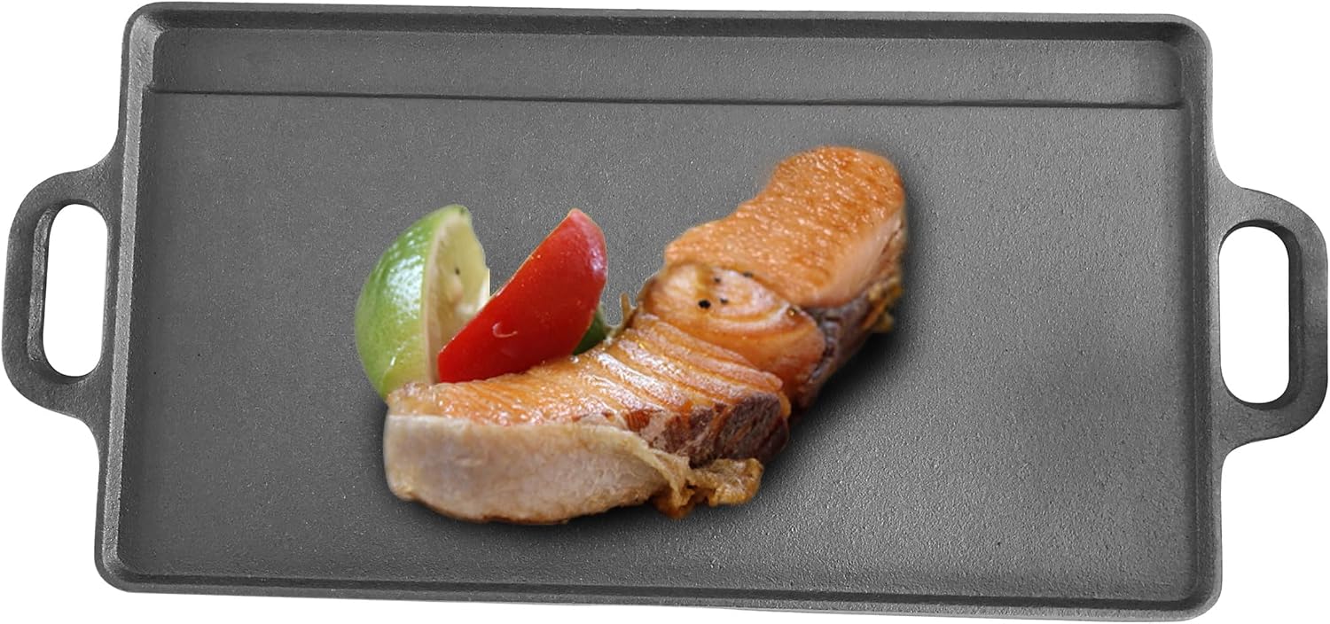 Bene Casa Reversible Cast-Iron Griddle | 20"x9"x1.5" Double Burner Pan | Flat & Ridged Surfaces for Versatile Cooking | Ideal for Stovetop, Oven