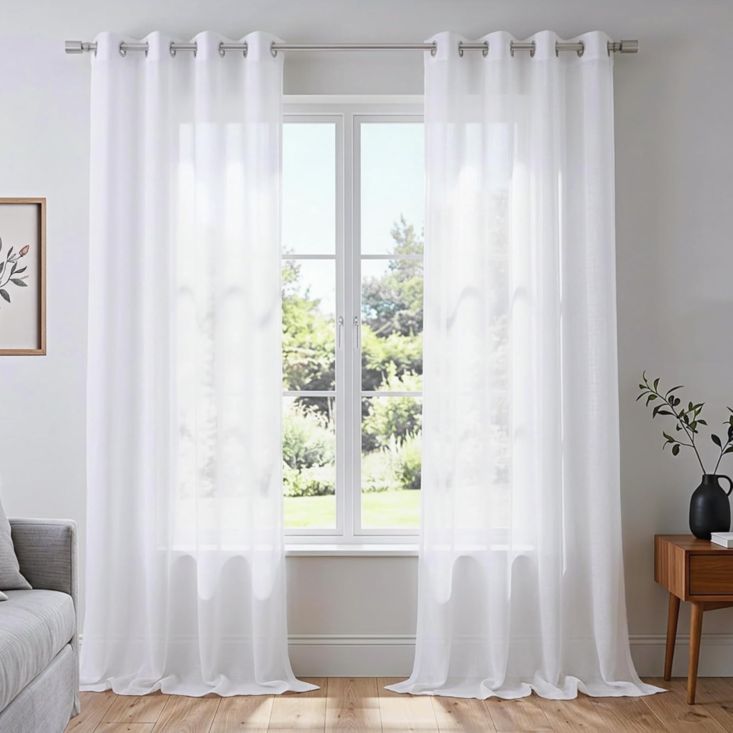 KOUFALL White Sheer Curtains 72 Inches Long for Bedroom Set of 2 Panels Grommet Faux Linen Window Voile Semi Baisc Decorative Sheer Curtains for