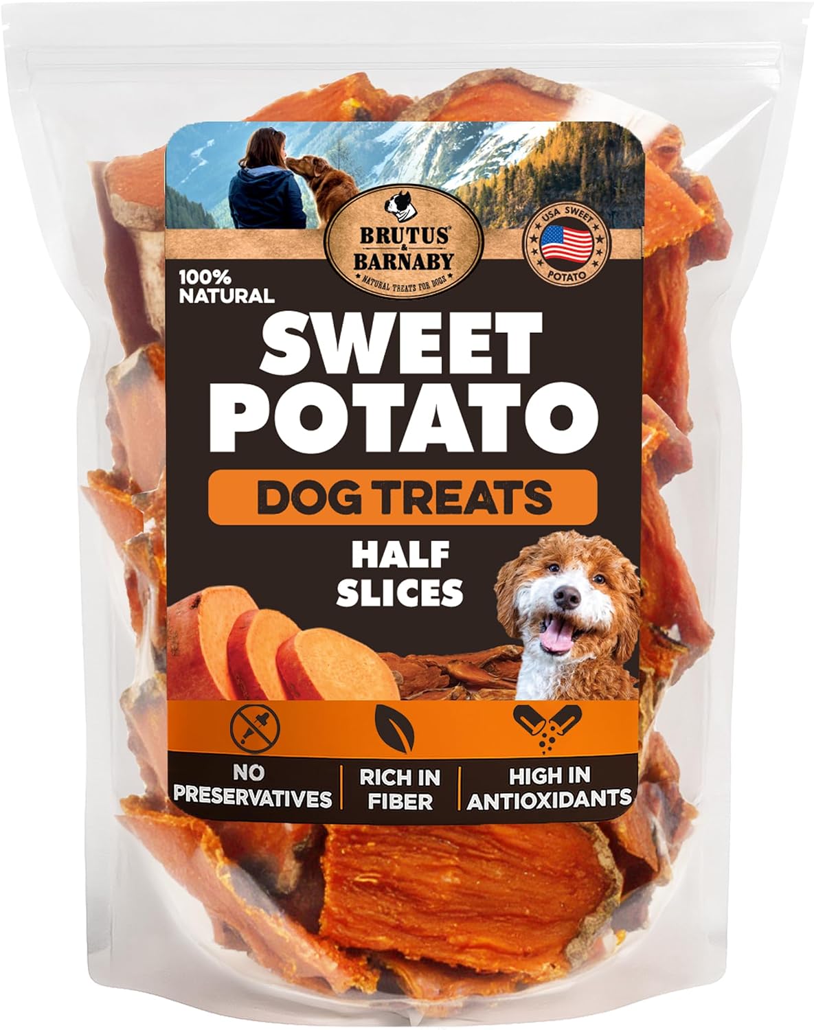 BRUTUS & BARNABY Dried Sweet Potato Dog Treats & Chews, Full Slices, 14 oz | Single ingredient, healthy, hypoallergenic; gentle on sensitive stomachs. Made in USA, thick cut for large breeds