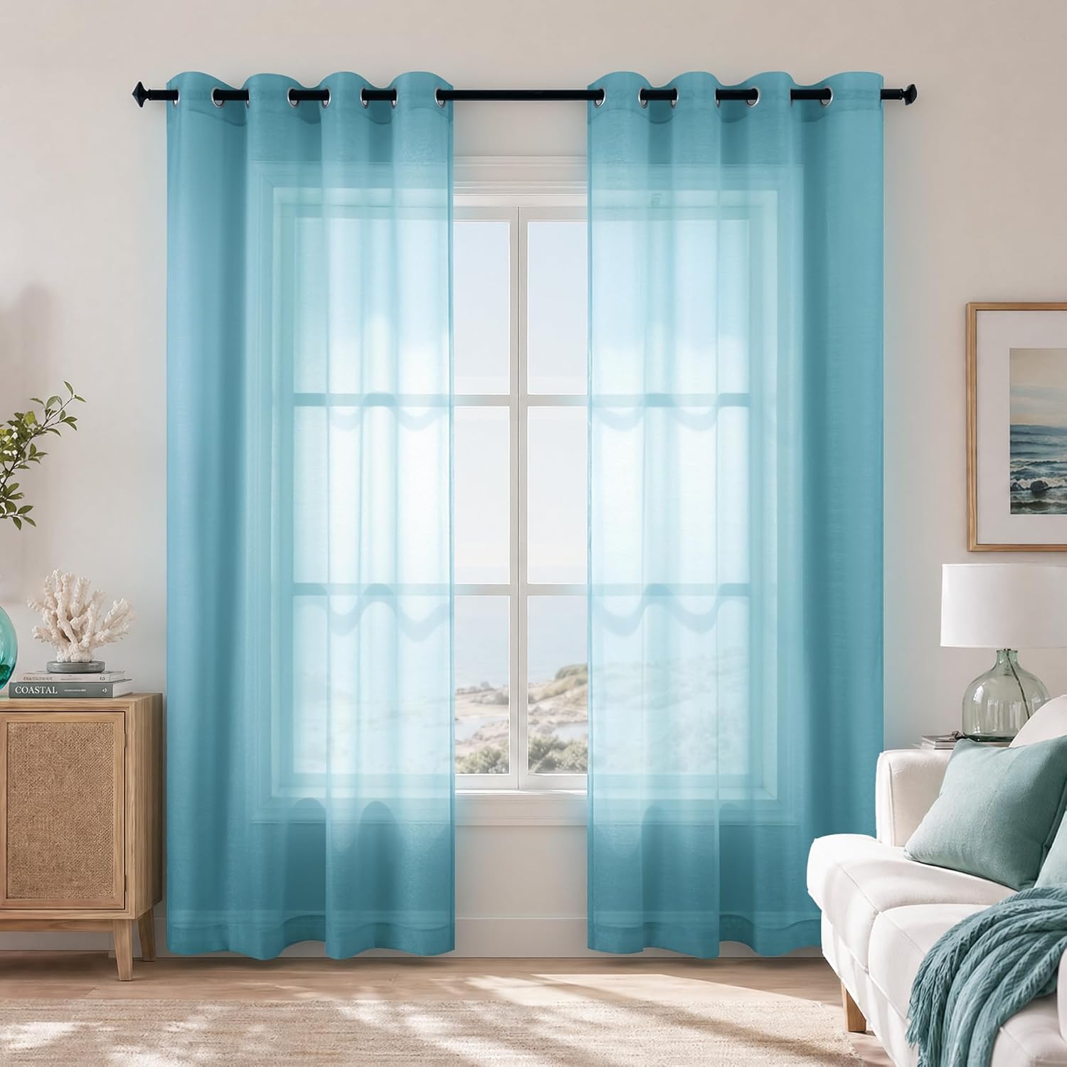 KOUFALL White Sheer Curtains 72 Inches Long for Bedroom Set of 2 Panels Grommet Faux Linen Window Voile Semi Baisc Decorative Sheer Curtains for