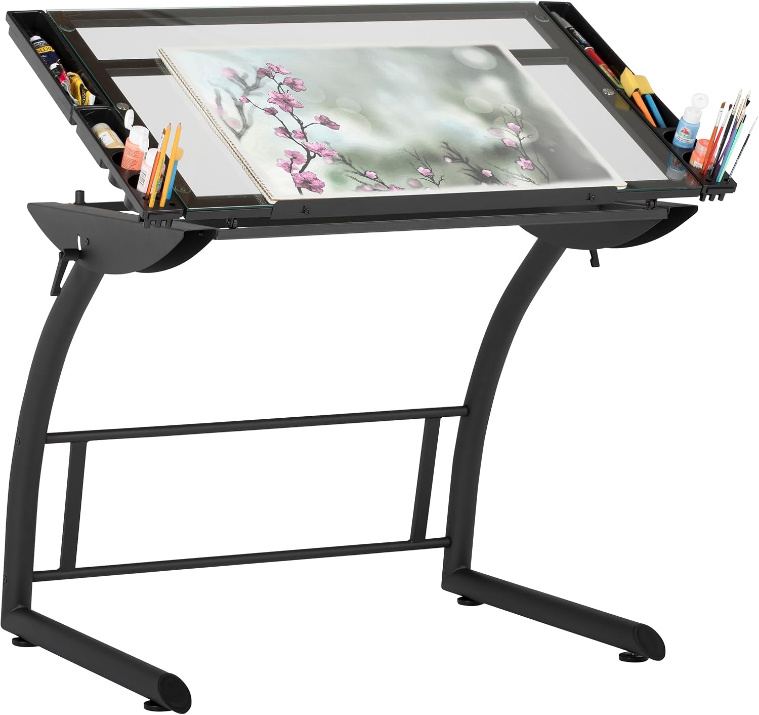 SD Studio Designs Triflex Drawing Table, Sit to Stand Up Adjustable Office Home Computer Desk, 35.25" W X 23.5" D, Charcoal Black/Clear Glass