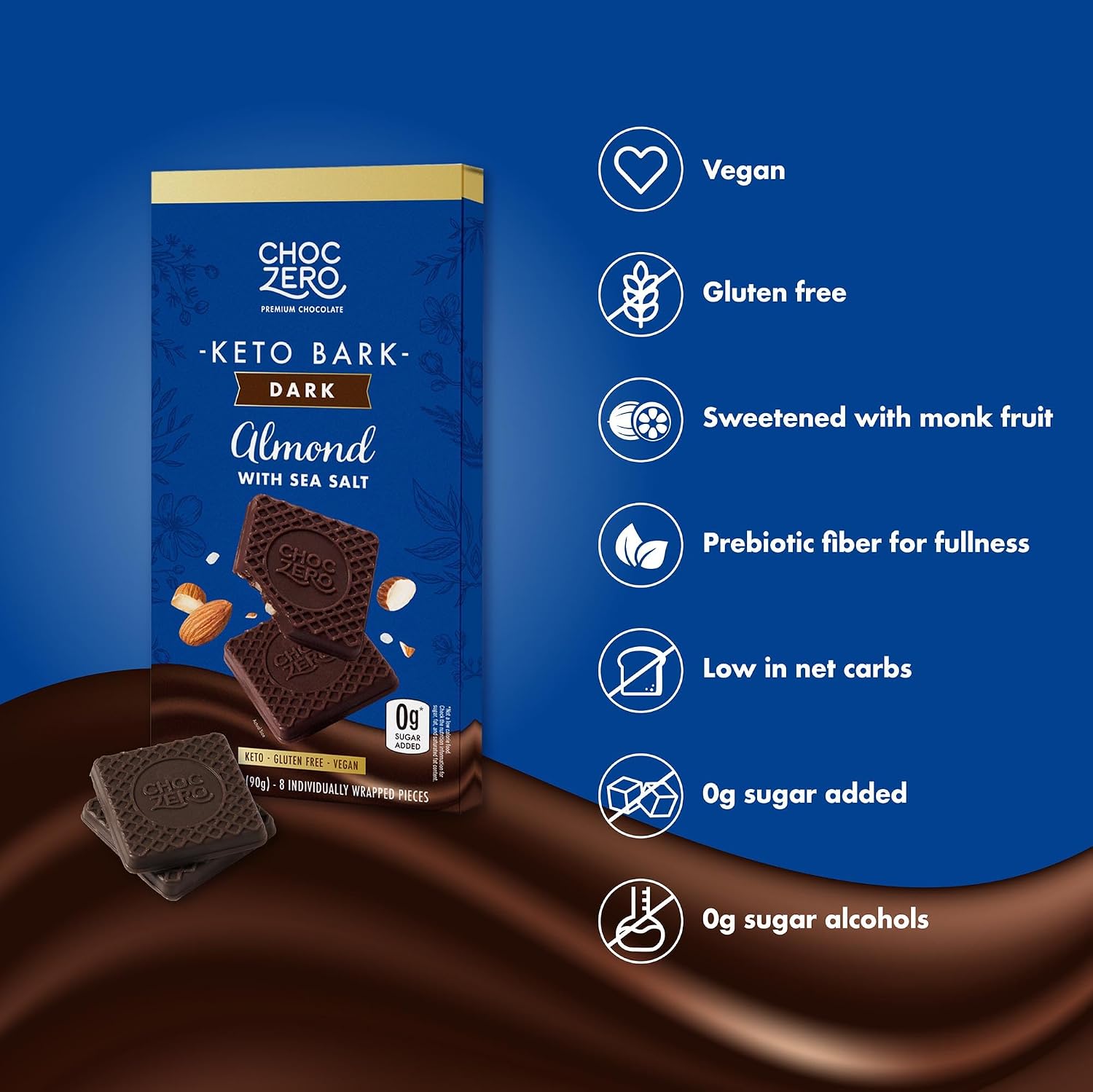 ChocZero 70% Cocoa Sugar Free Dark Chocolate Squares, Vegan, 4 Pack | No Sugar Alcohols, Keto, Low Carb, High Fiber, Gluten Free, 32 Total Candy Squares