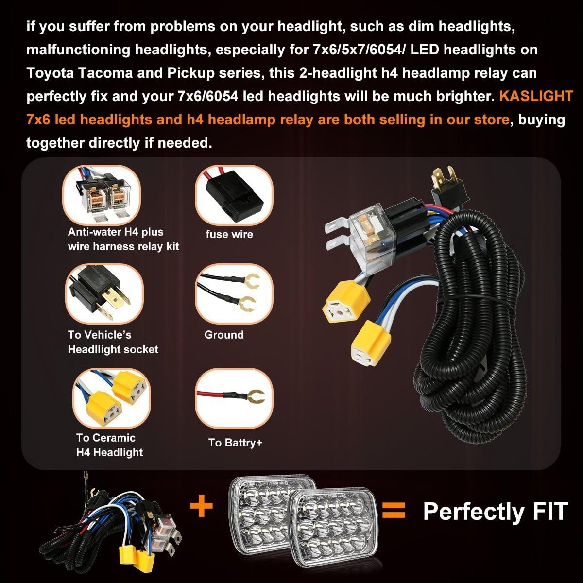 H6054 LED Headlight H4 Relay Harness for Jeep Toyota Subaru 9003 | Upgrade sealed beam headlights with fused wiring. Fits H6054 H6024 9003 5x7 7x6