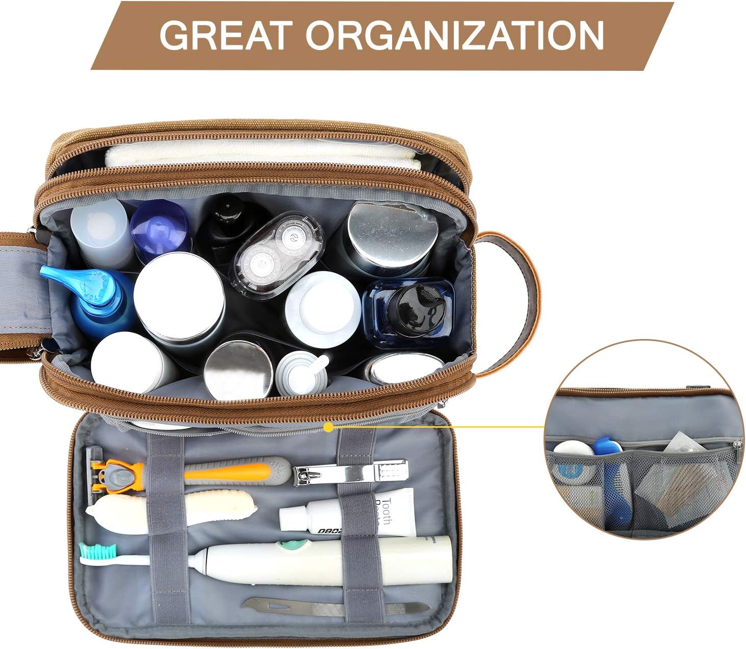 BAGSMART Toiletry Bag for Men, Canvas Travel Toiletry Organizer Dopp Kit Water-resistant Shaving Bag for Toiletries Accessories,Grey-Medium