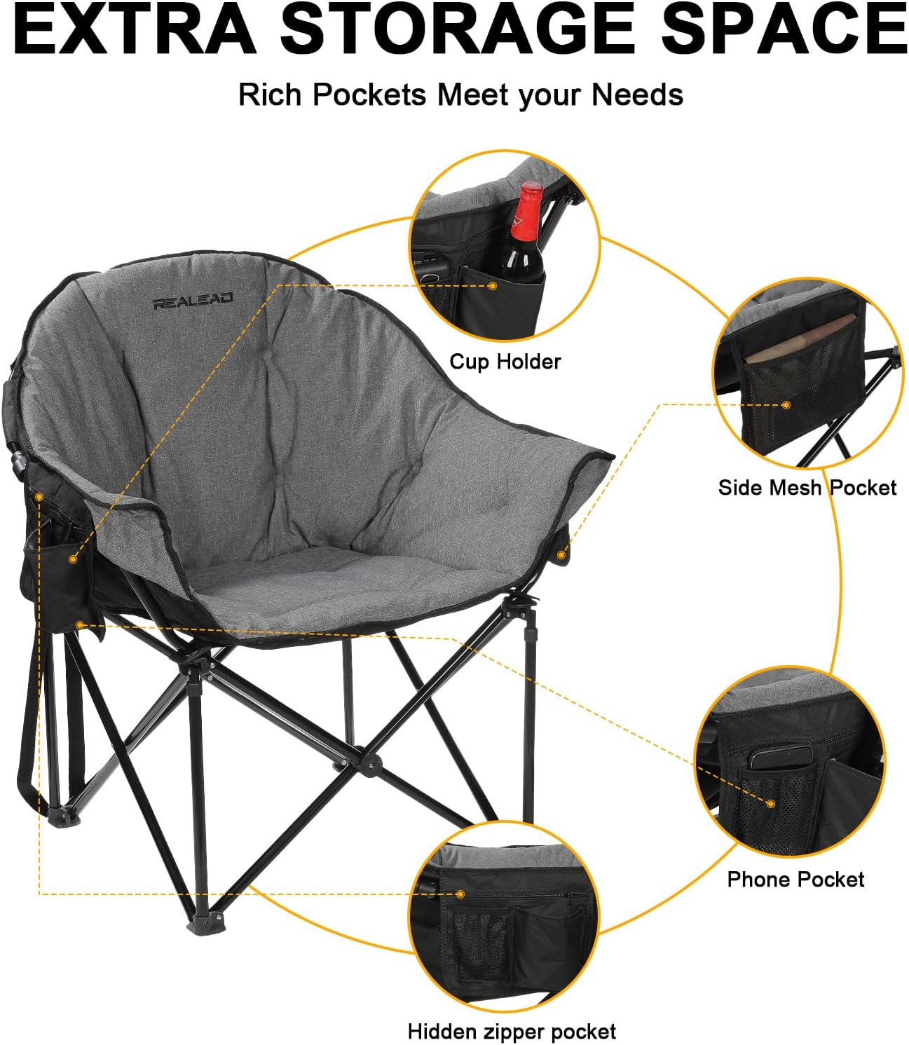 Oversized Camping Chairs Padded Heavy Duty Folding Support 400LBS | Comfy Lawn Chairs for Adults Outdoor Sports with Side Mesh Bag & Cup Holder, Portable Foldable, Sturdy Steel Frame (Grey)