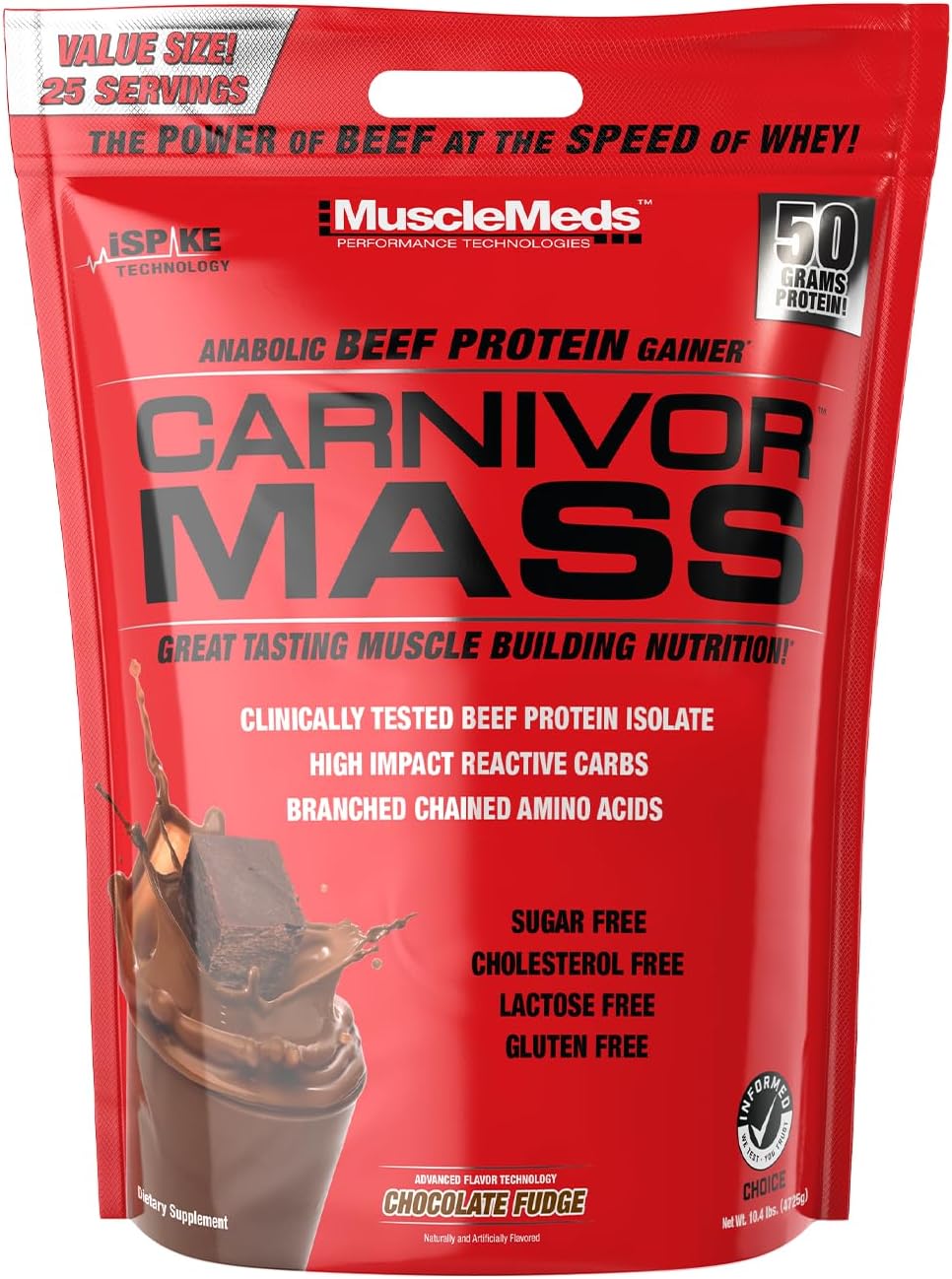MuscleMeds CARNIVOR Mass Gainer Beef Protein Isolate Shake, 50 Grams Protein, 125 Grams Carbs, 0 Fat, 0 Sugar, Lactose Free, Halal Certified, Chocolate Peanut Butter, 6 Pound