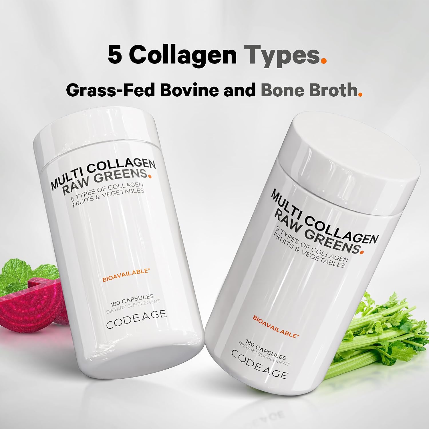 Codeage Multi Collagen Protein + Organic Raw Greens Superfood Capsules Supplement, 21 Fruits & Veggies, Grass-Fed Hydrolyzed Collagen Peptides