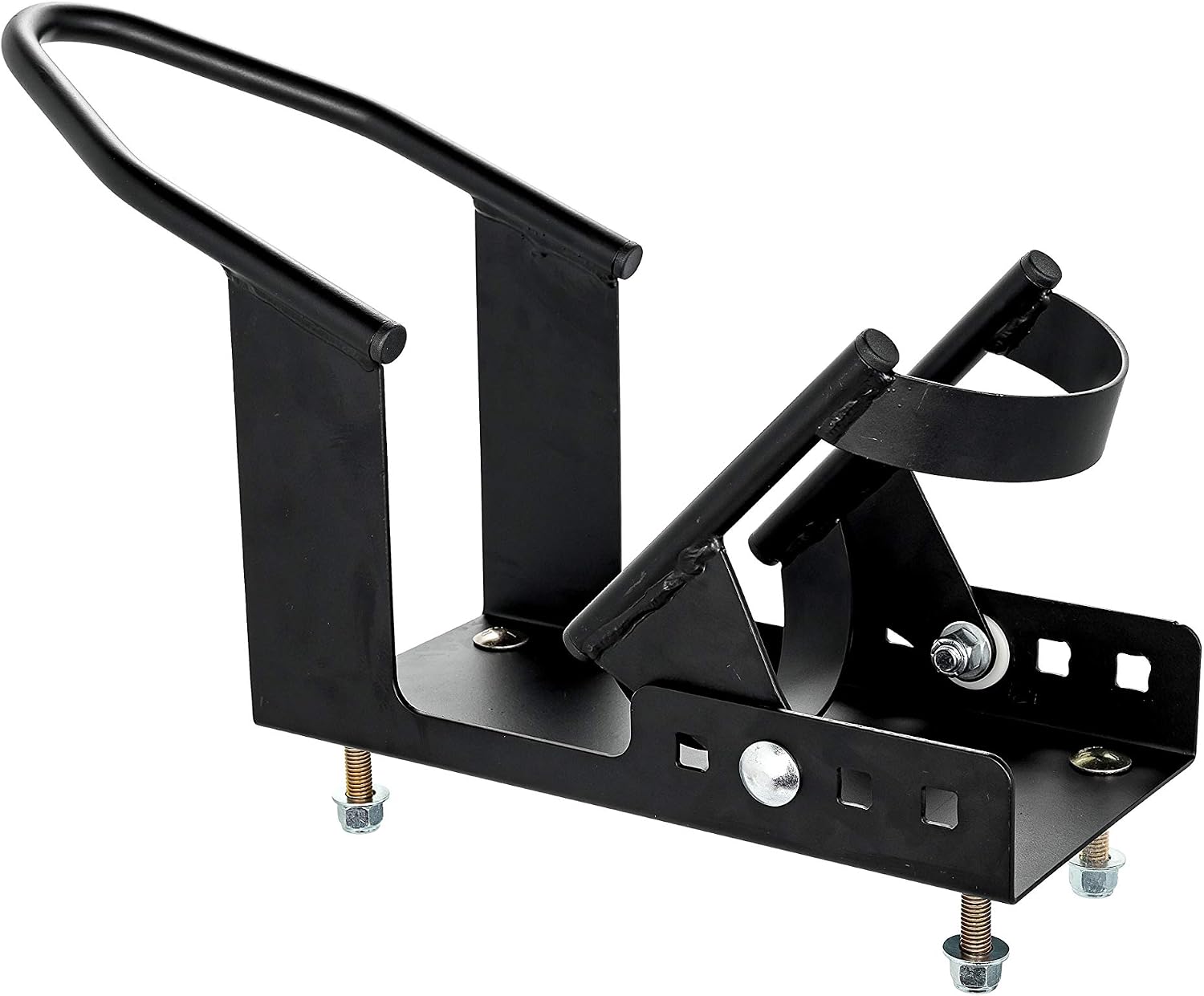 Camco Steel Universal Tire Fit Motorcycle Wheel Chock Mount for Truck Bed or Trailer Floor, Includes 2 Handlebar Straps