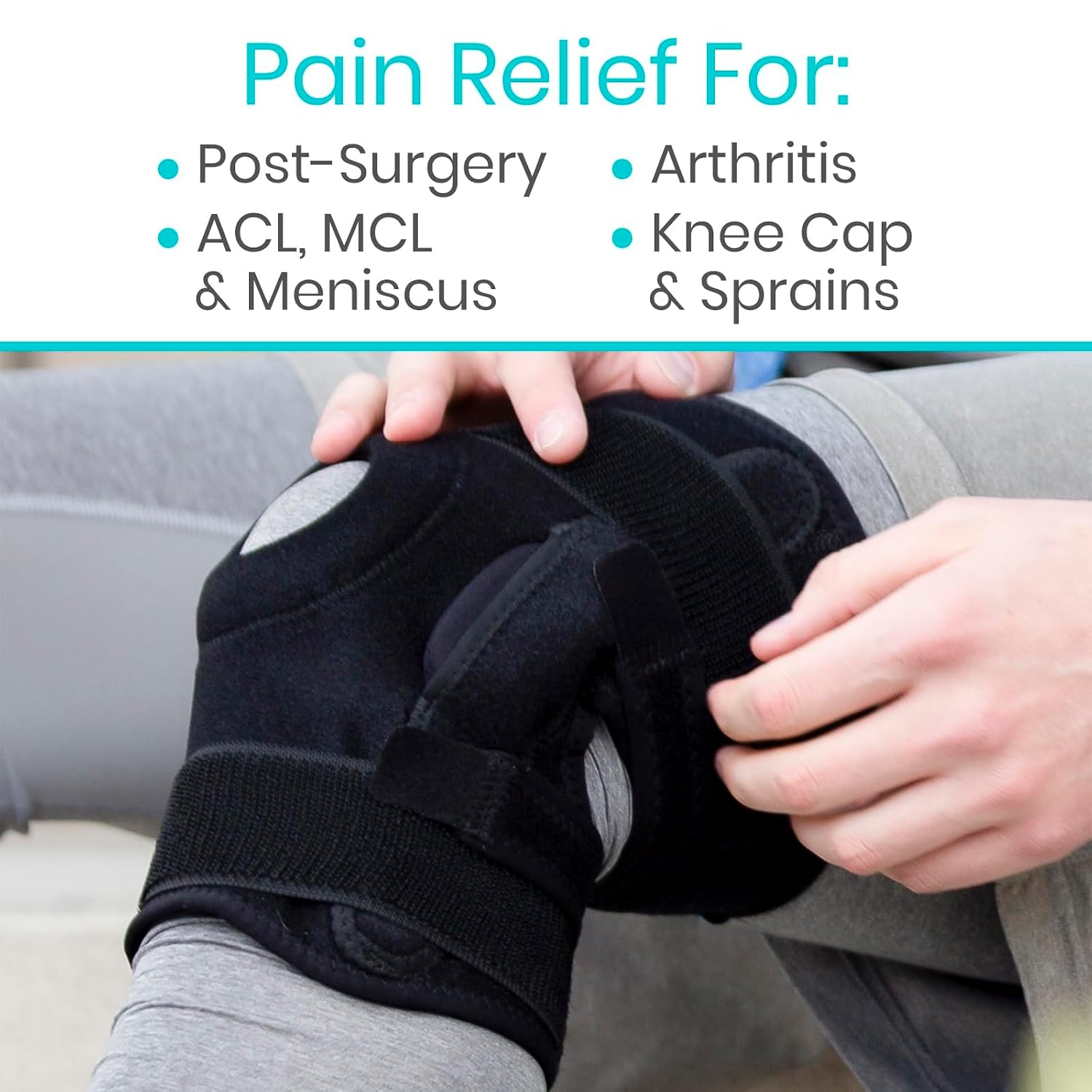 Vive Hinged Knee Brace - Relieves ACL, MCL, Meniscus Tear - Lightweight, Comfortable, Breathable Open Patella Wrap with Side Stabilizers - for Women & Men - Adjustable Strap for Tendonitis | Comfortable, Breathable Open Patella Wrap with Side Stabilizers…
