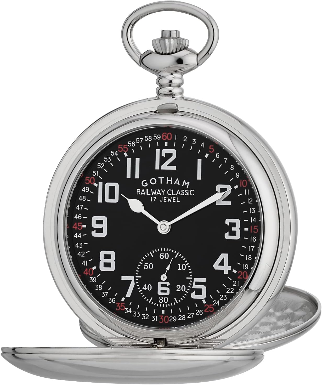 Gotham Men's Silver-Tone Railroad Dial Double Hunter 17 Jewel Mechanical Pocket Watch # GWC18806SB