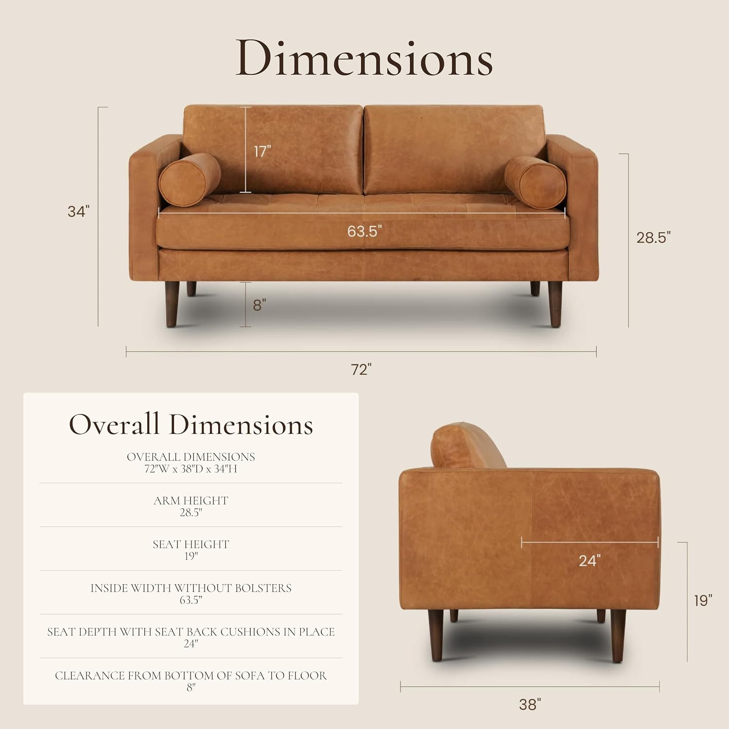 Poly & BARK 55" Tufted Leather Bed Bench for Bedroom End of Bed - Living Room Entry Way Bench - Pure Italian Leather Upholstery with a Solid Wood Frame - Ottoman Bench with Wooden Legs - Cognac Tan