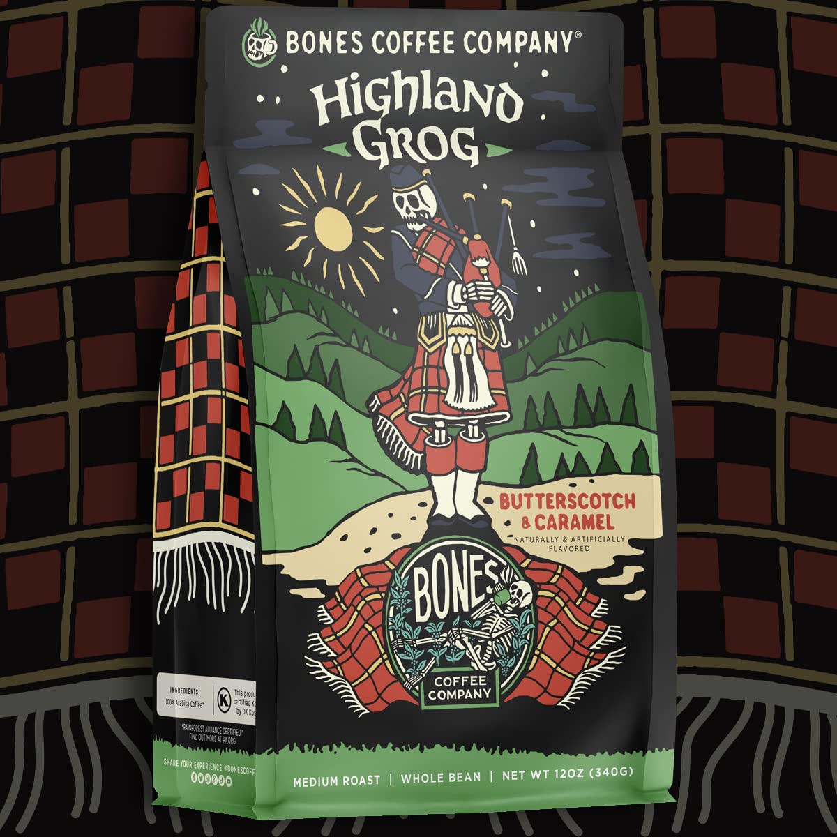 Bones Coffee Company Highland Grog, Butterscotch Caramel Flavored Coffee, Medium Roast Low Acid Arabica Beans Compatible with Auto drip and French Press Coffee Maker, 12 Oz Whole Bean