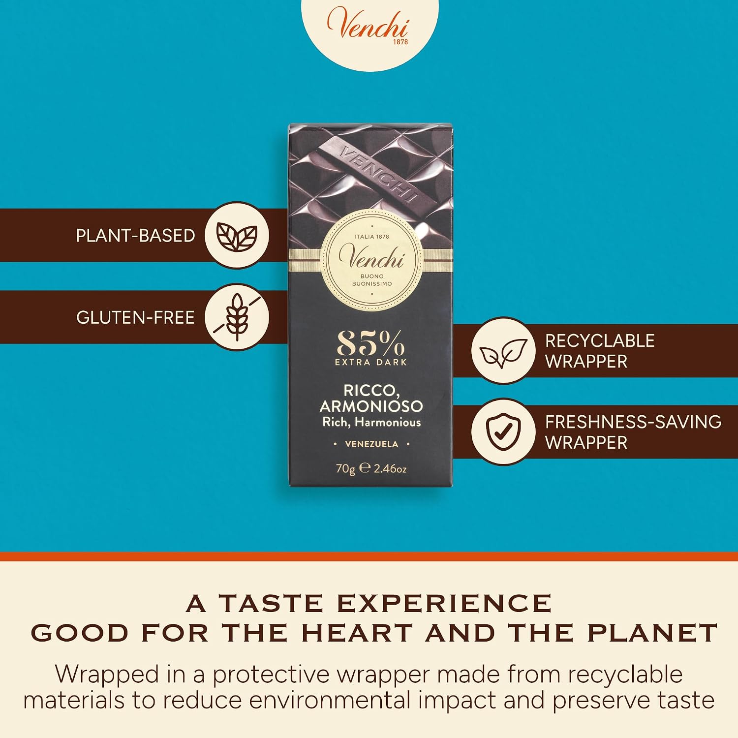 Venchi - Venezuelan Cocoa Blend - 85% Dark Chocolate Bar, 2.46oz - Single Origin Premium Fine Chocolate - Naturally Gluten Free - Vegan