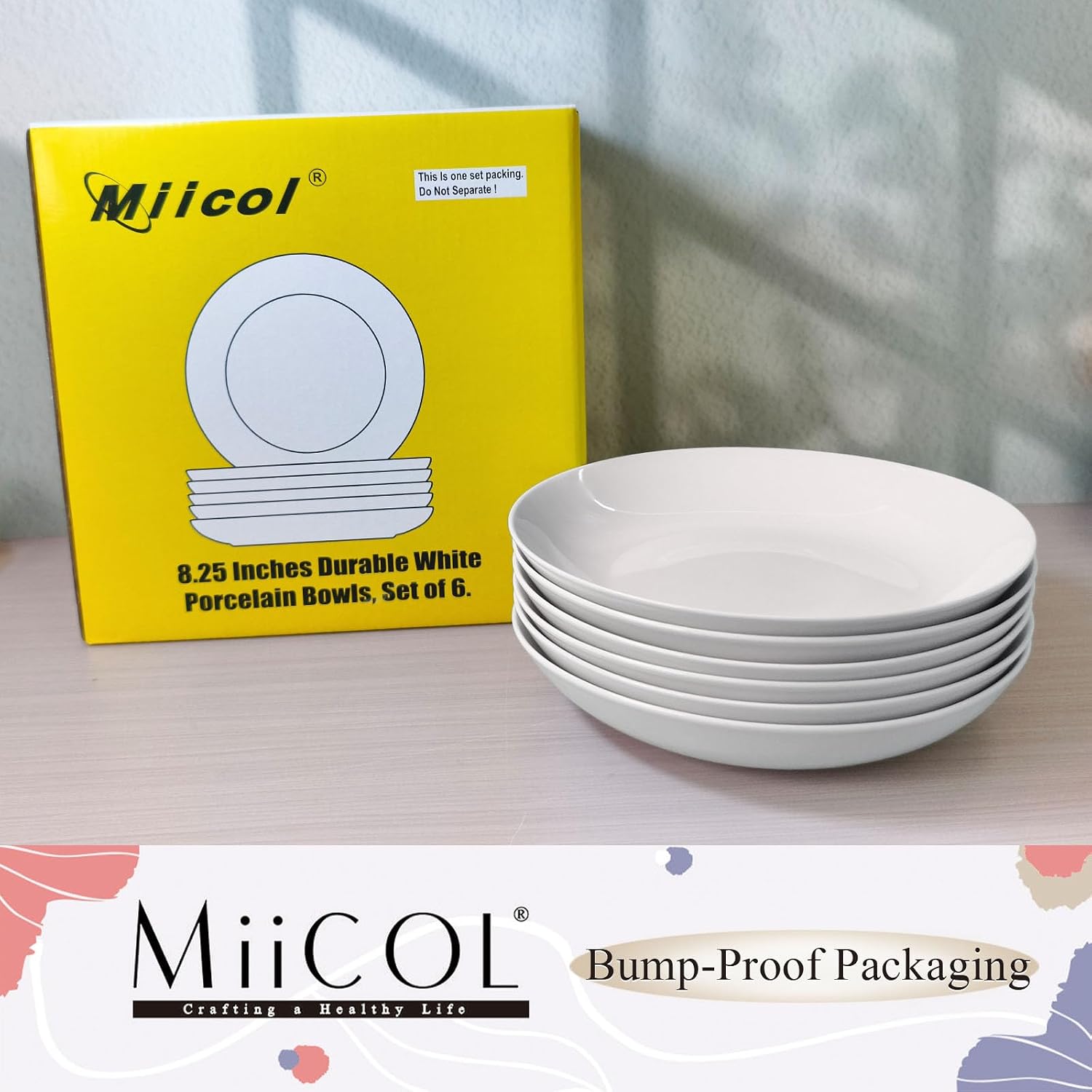Miicol White Pasta Bowls 28 oz, Ceramic Salad Bowls Set of 6, Wide and Shallow Serving Bowl 8.25 inch, Large Pasta Plates, Serving Dish for Soup
