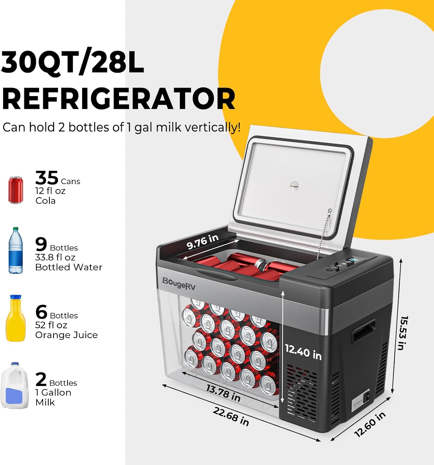 BougeRV 12v refrigerator 23 Quart, -8℉~50℉ Portable Freezer for Car, Grey