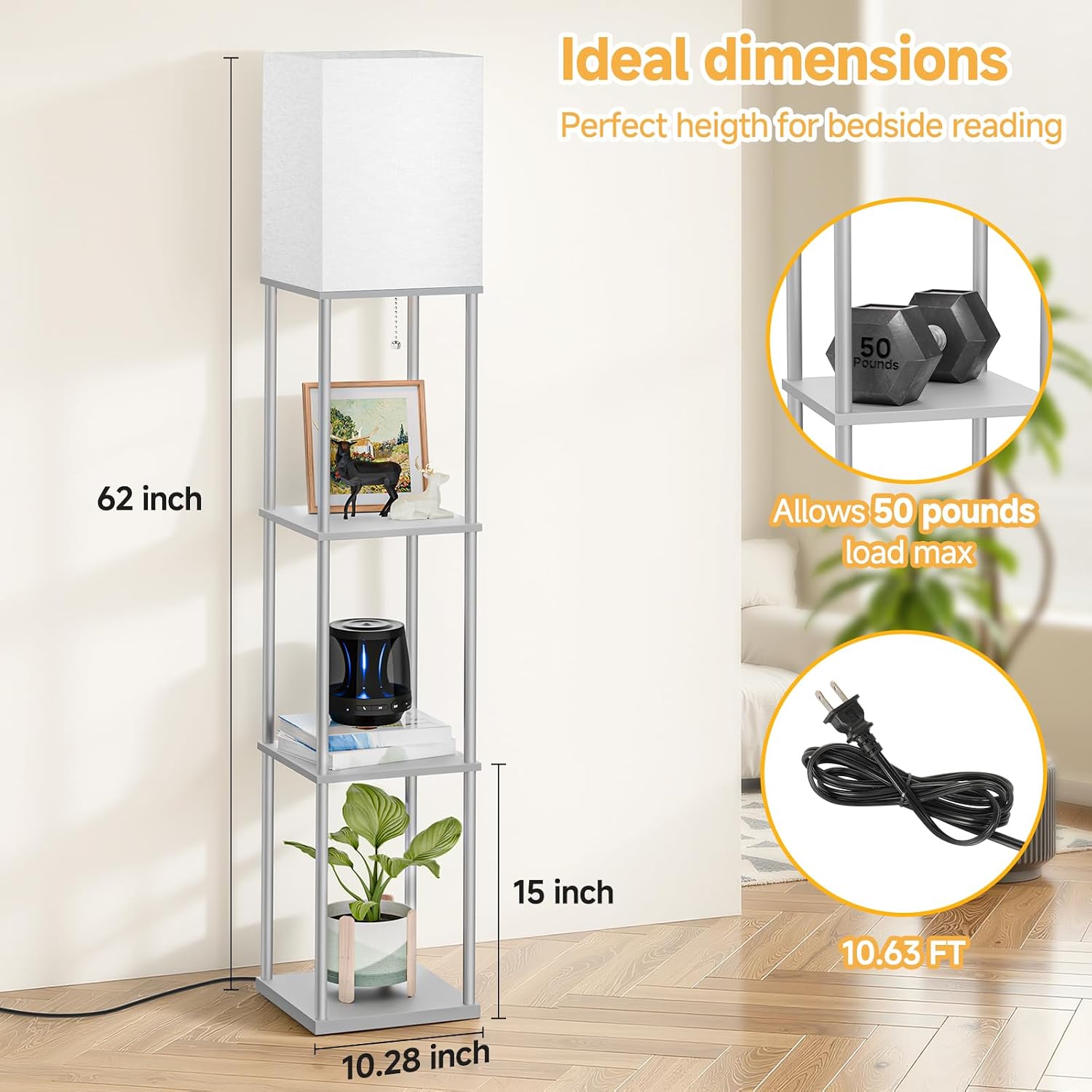 SHINE HAI Floor Lamp with Shelves, 3-Tier Square Modern Shelf Lamp