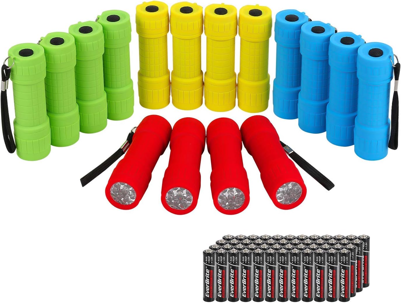EverBrite 16-Pack Mini LED Flashlights with 48 AAA Batteries Included | 16-Pack small flashlights in 4 colors, including AAA batteries, ready-to-use for Home Emergency, Hiking, Bulk Holiday Gifts