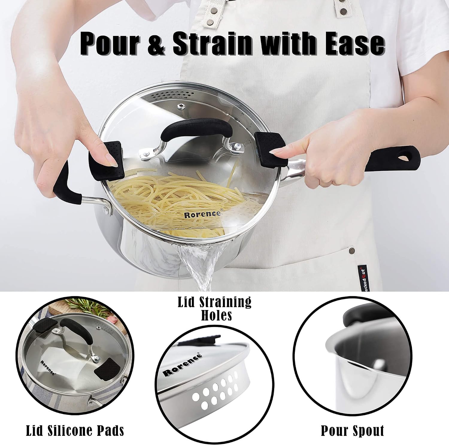 Rorence 6 Quart Stainless Steel Stock Pot, Induction Cooking Pot with Lid