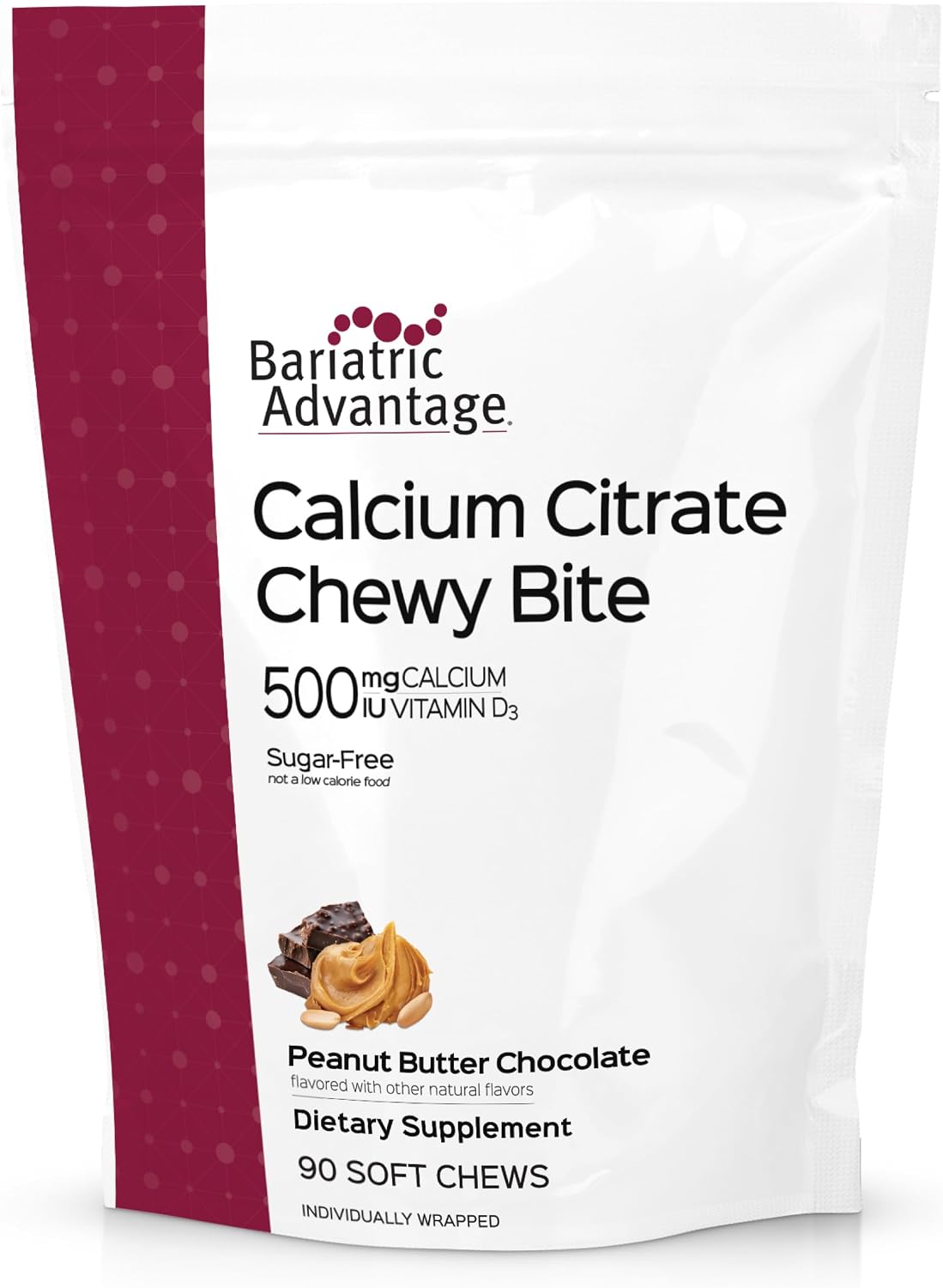 Bariatric Advantage Calcium Citrate Chewy Bites 500 mg - Highly Absorbable & Digestible - Vitamin D3 - Easily Chewable Calcium Supplement - Caramel Flavor - 90 Count