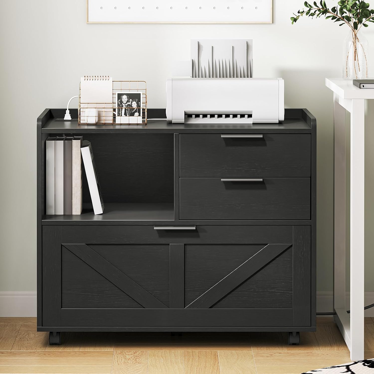 HOOBRO Lateral File Cabinet, Wooden Office Storage Drawers with Charging Station, Filing Cabinet for Home Office, A4/Letter/Legal-Sized Files, Printer Stand with Open Storage Spaces, White WT37UWJ01