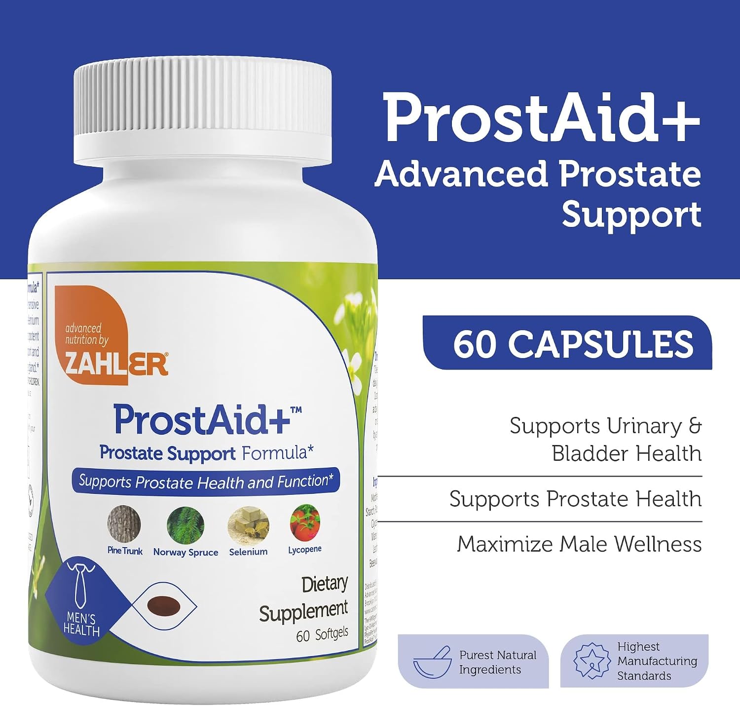 Zahler ProstAid+ Prostate Supplements for Men with Lycopene & Norway Spruce for Urine Flow, Prostate Support - Made in USA
