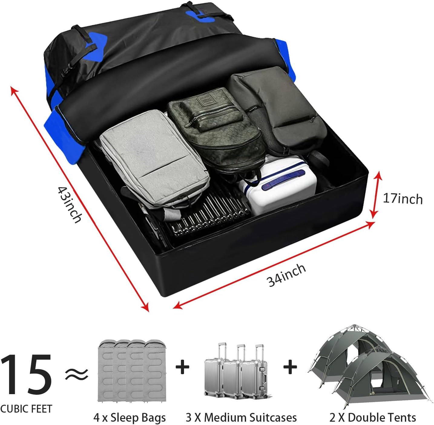 FORWODE 250LBS Universal Roof Rack Basket, 64"x39"x6" Rooftop Cargo Carrier Rack + Waterproof Cargo Bag 15 Cubic Feet(43"x34"x17")