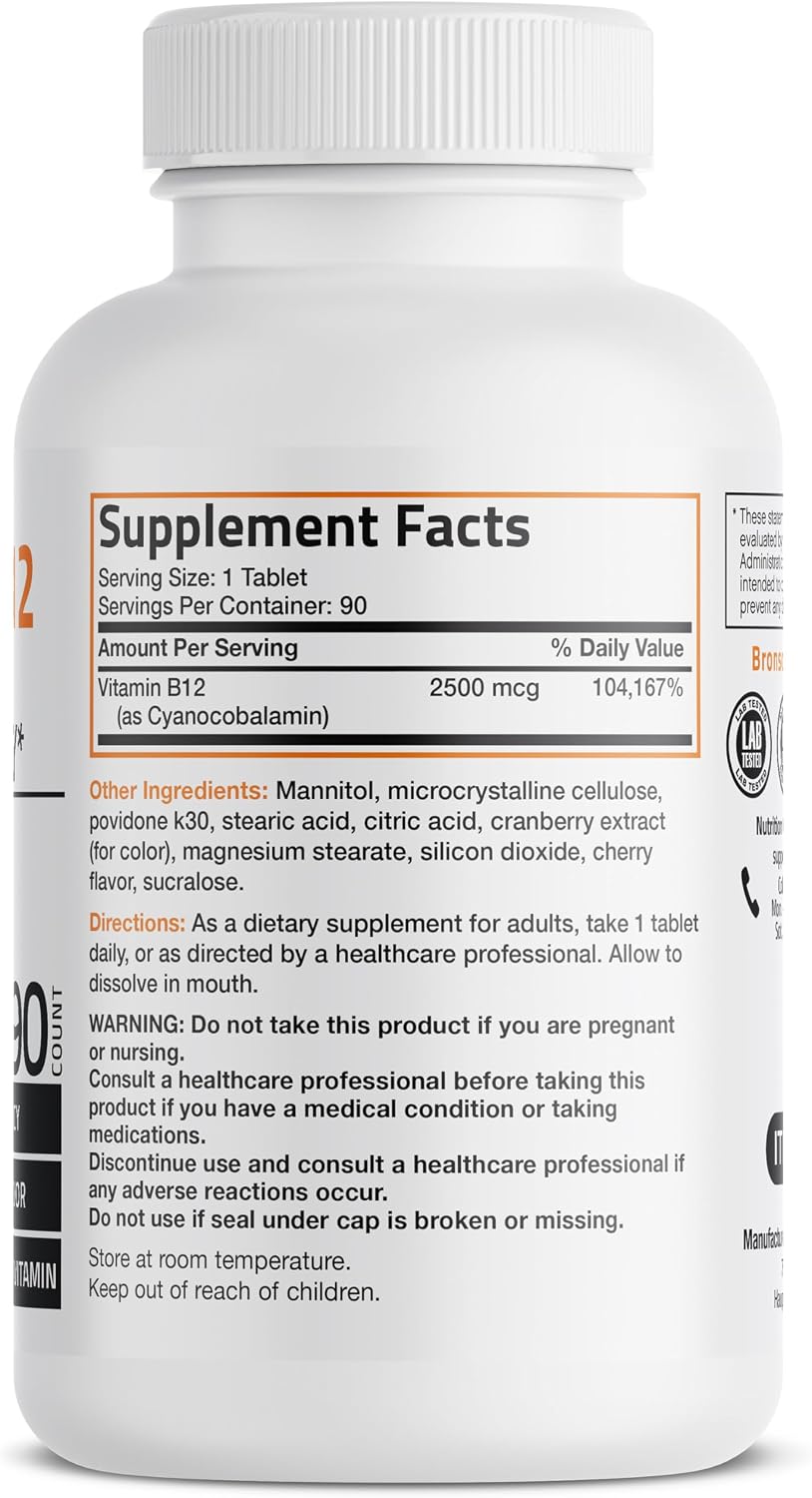 Vitamin B12 2500mcg Shot of Energy Fast Dissolve Chewable Tablets - Quick Release Cherry Flavored Sublingual B12 Vitamin - Supports Nervous System, Healthy Brain Function Energy Production – 90 Count